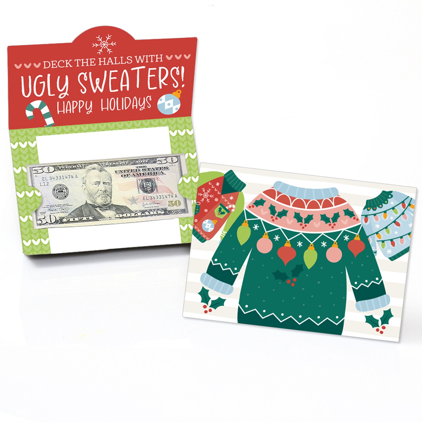 Big Dot of Happiness Colorful Christmas Sweaters - Ugly Sweater Holiday Party Money And Gift Card Holders - Set of 8