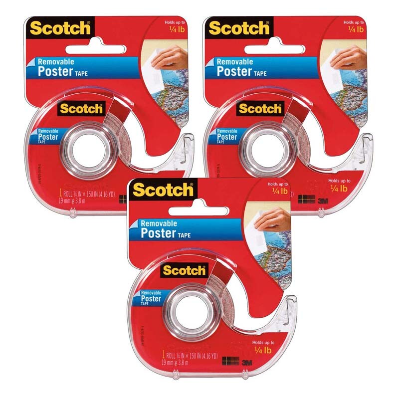Removable Poster Tape With Dispenser, 3/4 X 150, Clear, Pack Of 3