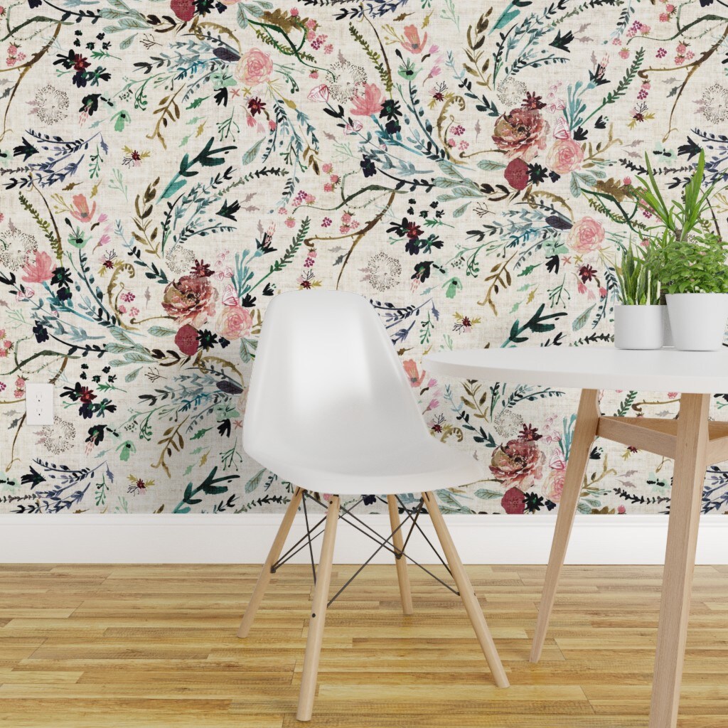 Pre-Pasted Wallpaper 2FT Wide Fable Floral Vintage Cream Flowers Rose Autumn Fall Spring Custom Pre-pasted Wallpaper by Spoonflower