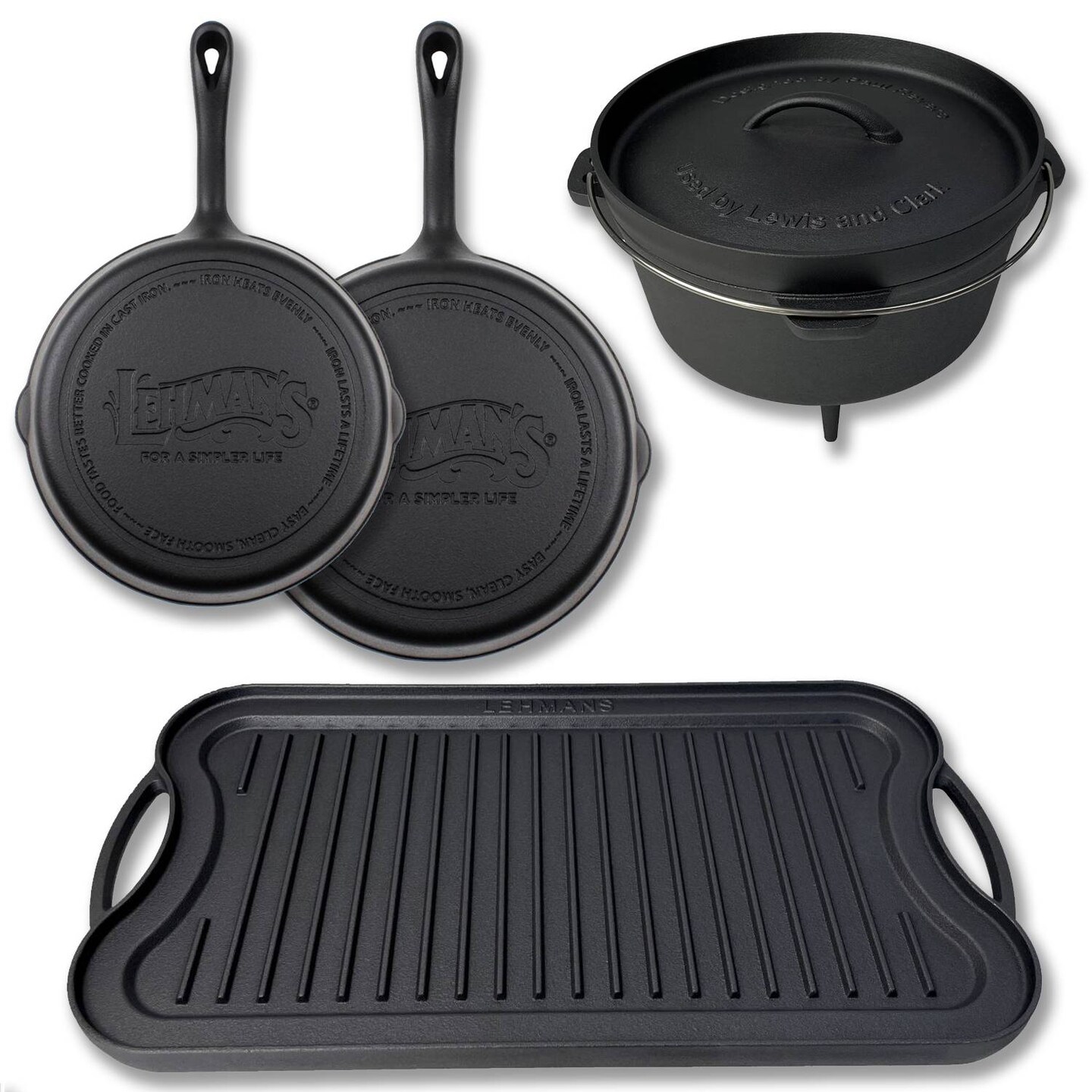 Lehman&#x27;s Campfire Cooking 4-Piece Set, Nitrided, Dutch Oven, Skillets, and Griddle