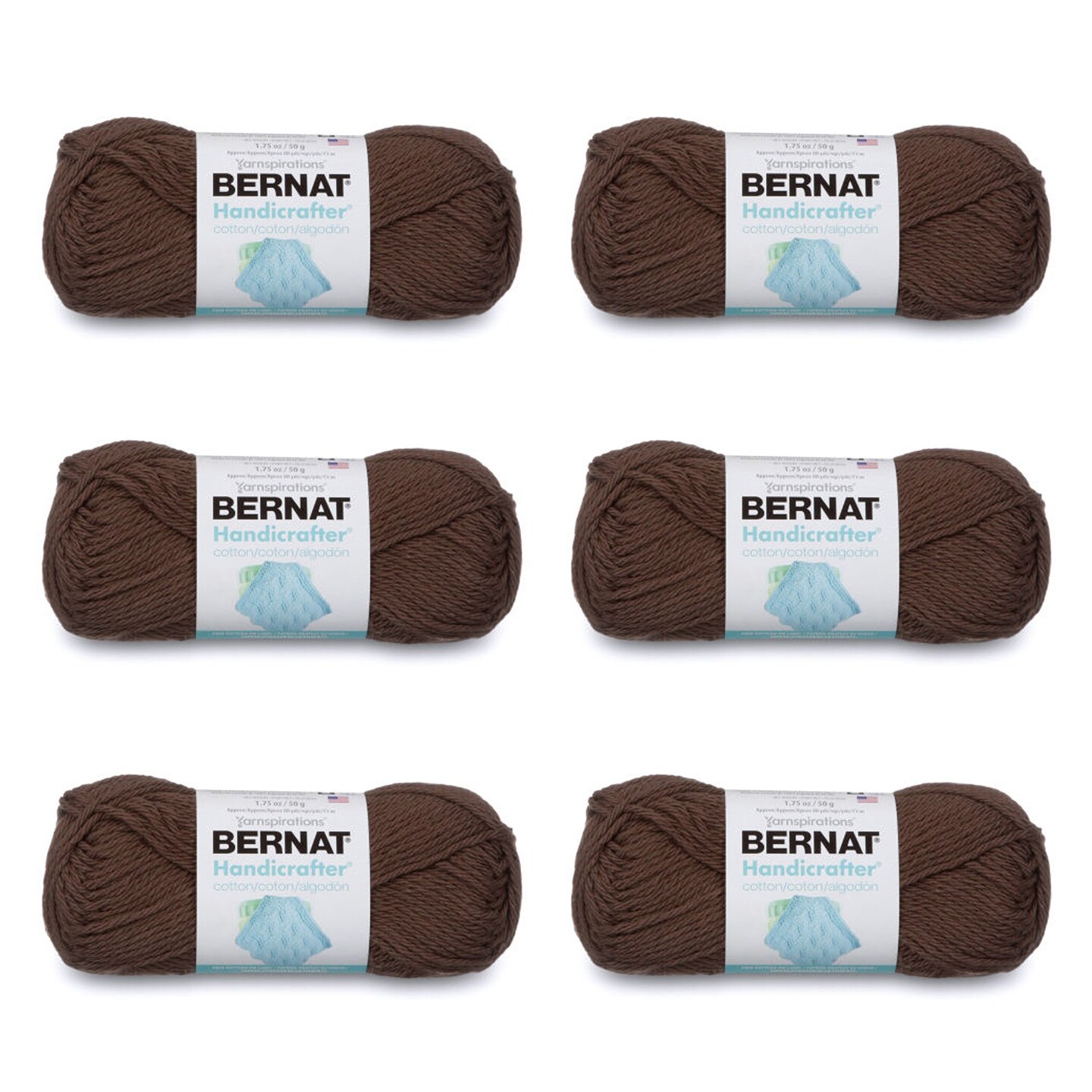 Bernat Handicrafter Cotton Warm Brown Yarn - 6 Pack of 50g/1.75oz - Cotton  - 4 Medium (Worsted) - 80 Yards - Knitting/Crochet