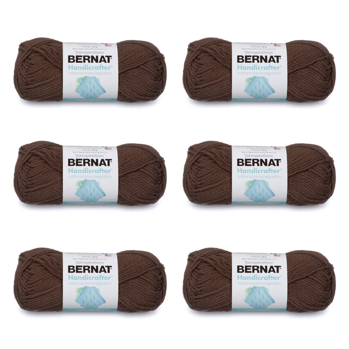 Bernat Handicrafter Cotton Warm Brown Yarn - 6 Pack of 50g/1.75oz - Cotton - 4 Medium (Worsted) - 80 Yards - Knitting/Crochet