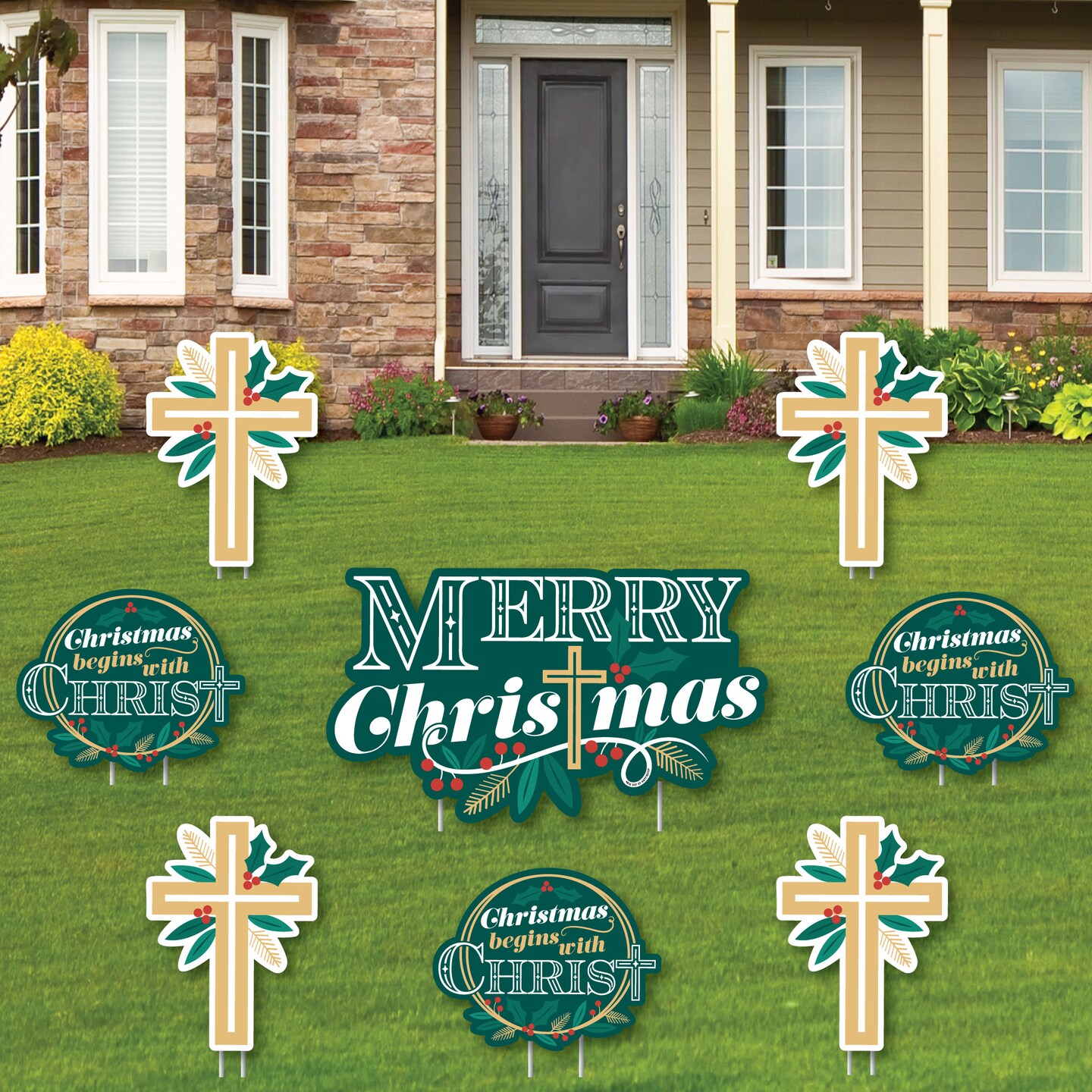 Big Dot of Happiness Religious Christmas - Yard Sign and Outdoor Lawn Decorations - Merry Christmas Cross Yard Signs - Set of 8