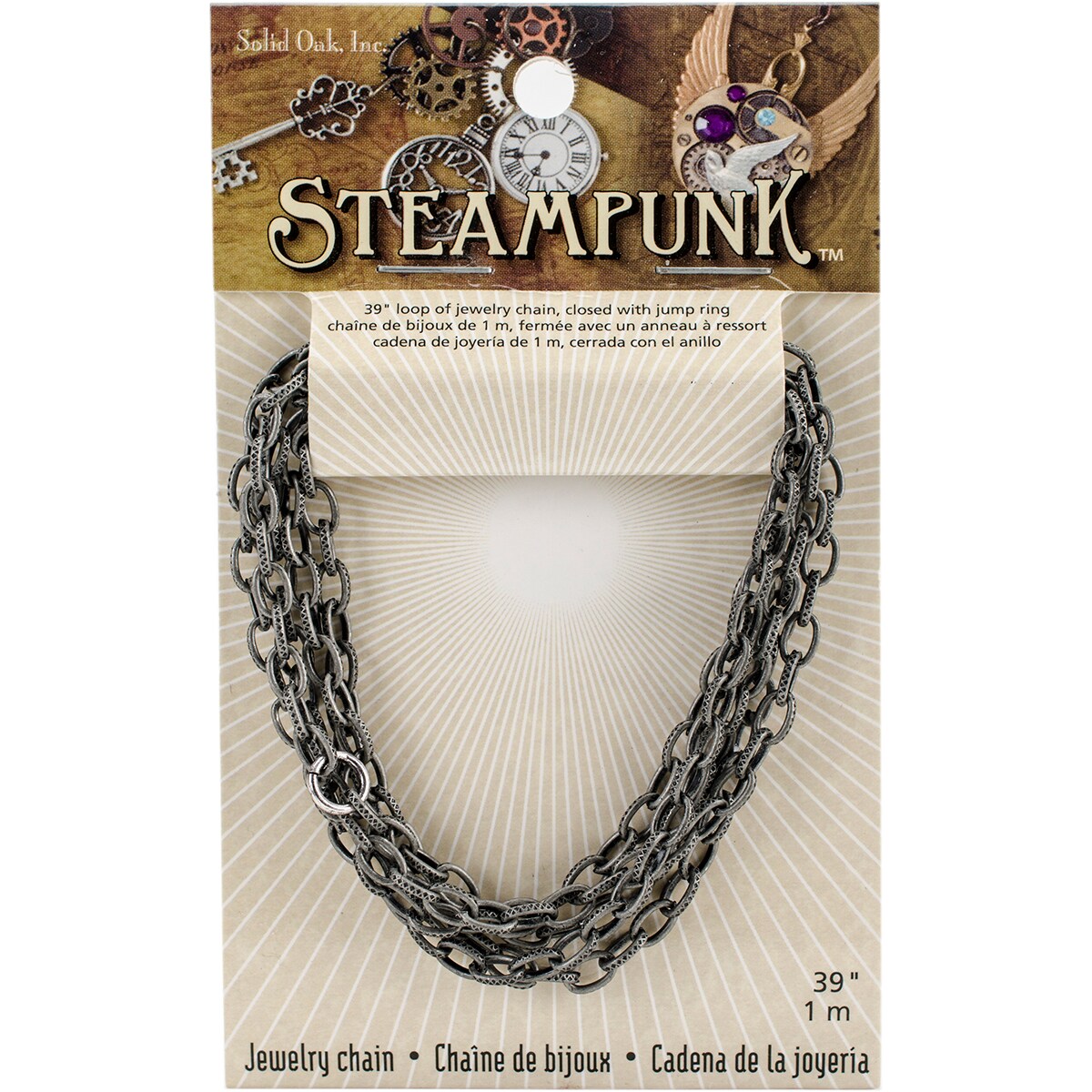 Solid Oak Steampunk Metal Chain 39"-Antique Silver Style A