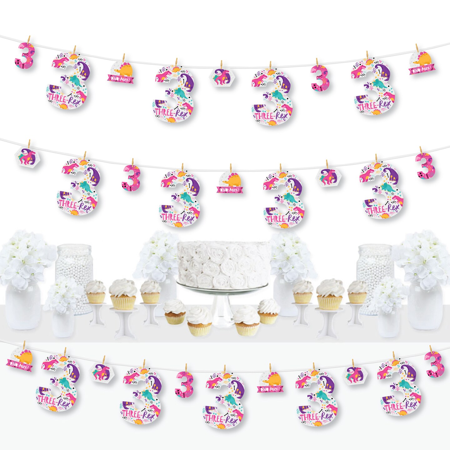 Big Dot of Happiness 3rd Birthday Roar Dinosaur Girl - Three Rex Dino Third Birthday Party DIY Decorations - Clothespin Garland Banner - 44 Pieces