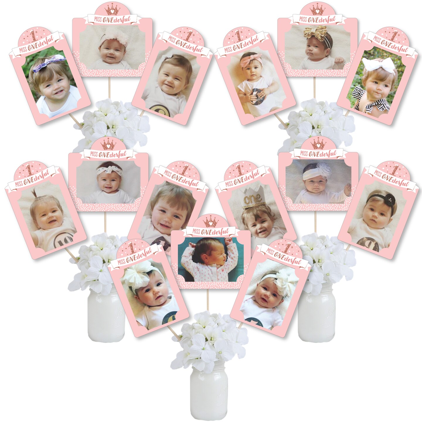 Big Dot of Happiness 1st Birthday Little Miss Onederful - Girl First Birthday Party Picture Centerpiece Sticks - Photo Table Toppers - 15 Pieces
