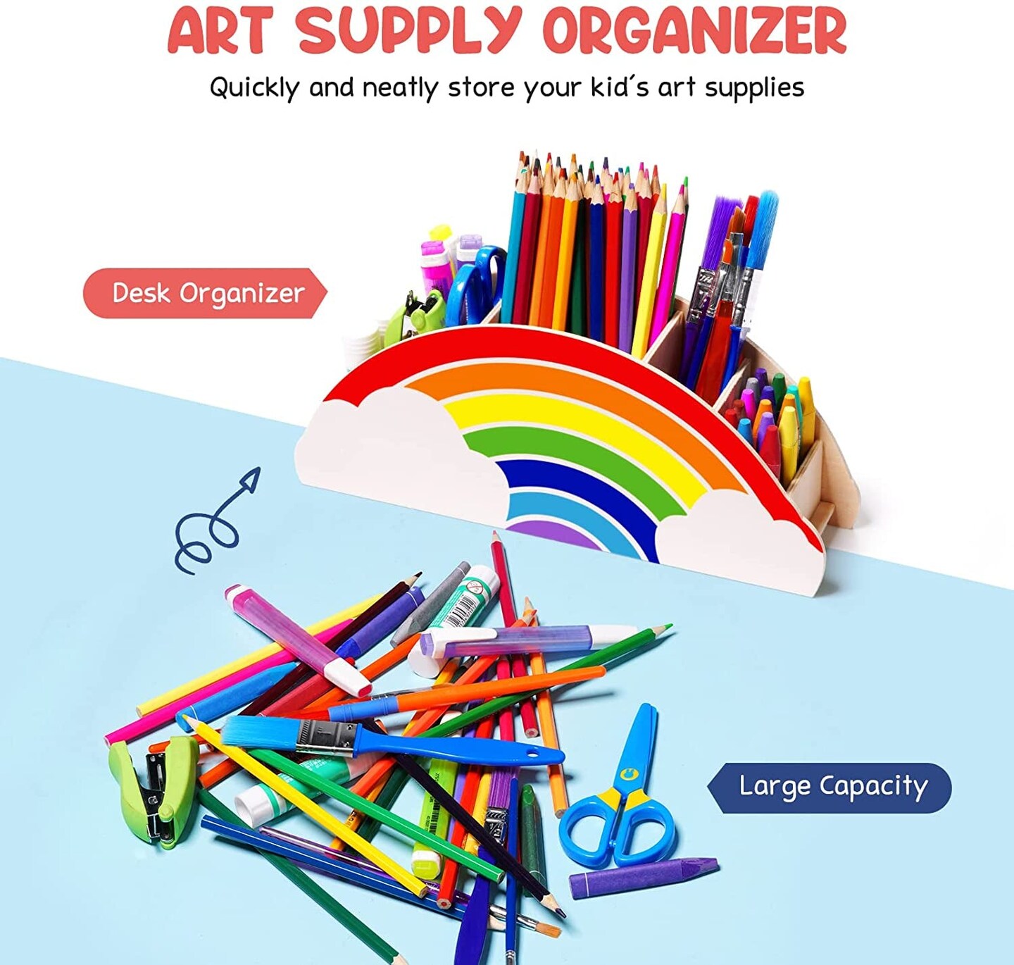 Wooden Pen Holder &#x26; Pencil Holders - Rainbow Supply Caddy Phone Holder Desk Organizer for Office Supplies Makeup Brush Classroom Organization for Women &#x26; Kids