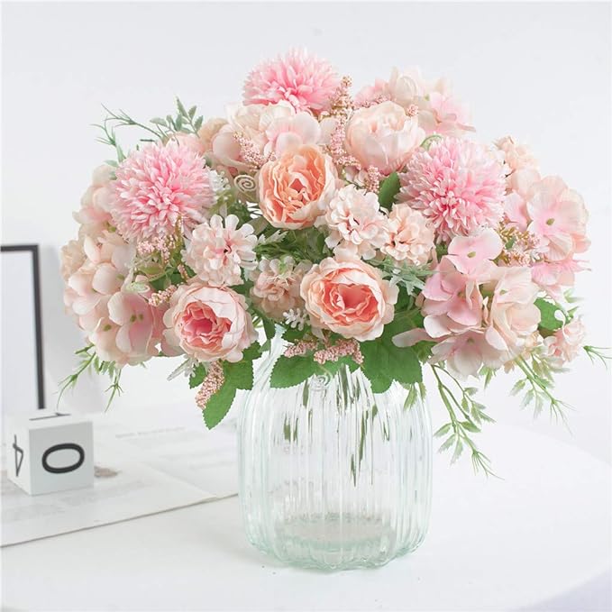 Artificial Flower Bunches, Fake Peony Silk Hydrangea Bouquet, Table Wedding Decor, Faux Flower Arrangements, Blush Pink