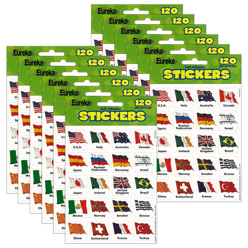 World Flags Theme Stickers, 20 Countries, 120 Per Pack, 12 Packs