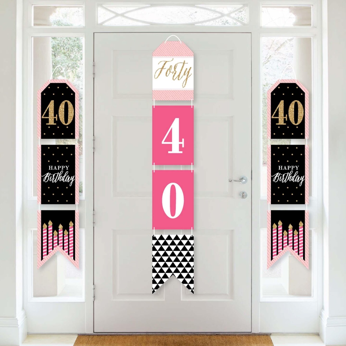 Big Dot of Happiness Chic 40th Birthday - Pink, Black & Gold - Hanging Vertical Paper Door Banners - Birthday Party Wall Decor Kit - Indoor Door Decor