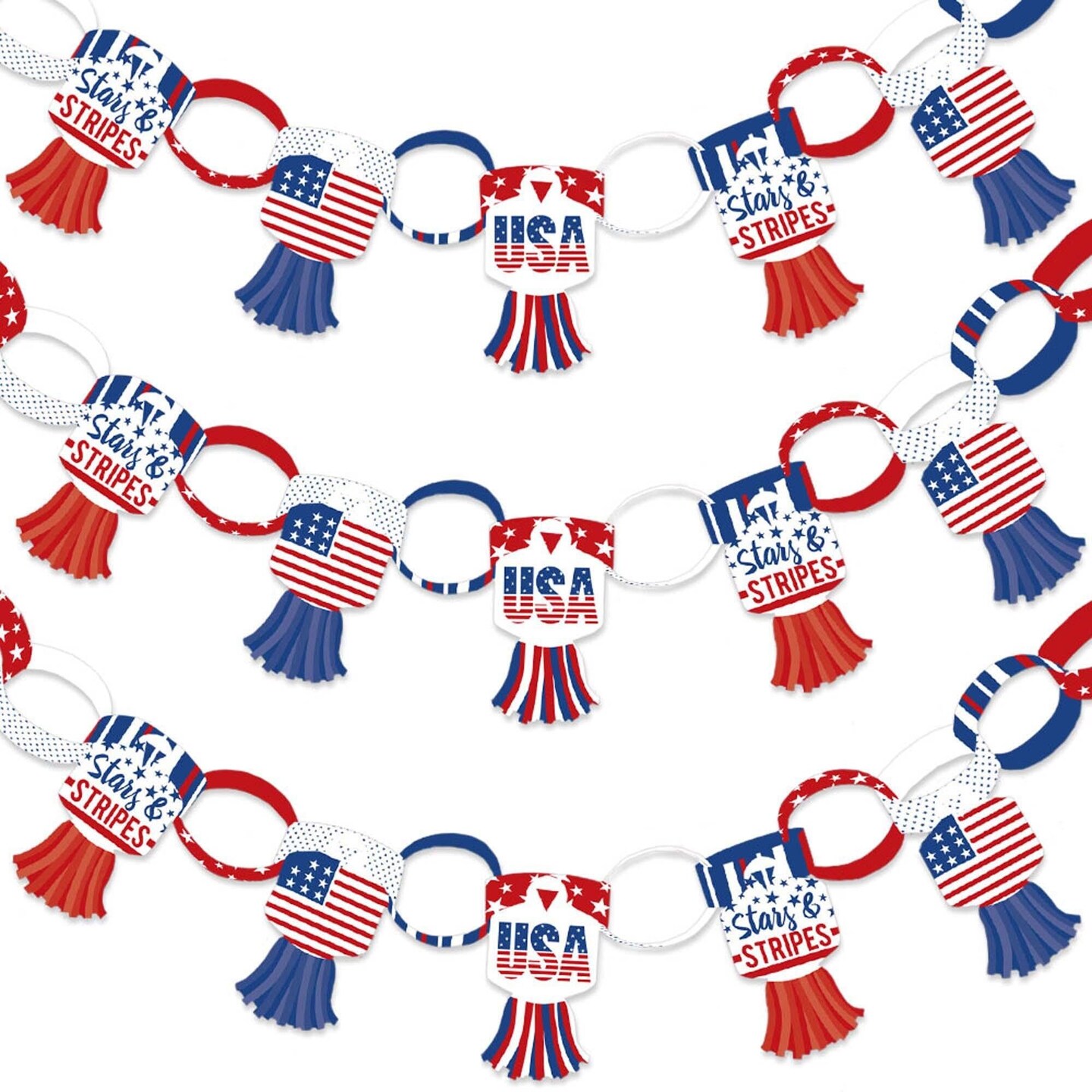Big Dot of Happiness Stars & Stripes - 90 Chain Links & 30 Paper Tassels Kit - Memorial Day, 4th of July and Labor Day Paper Chains Garland - 21 feet
