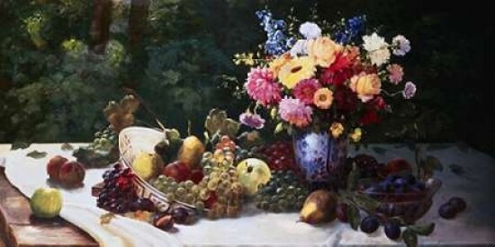 Vase of Flowers and Fruit on a Draped Table Poster Print by Adam Burghardt - Item # VARPDX2AB102