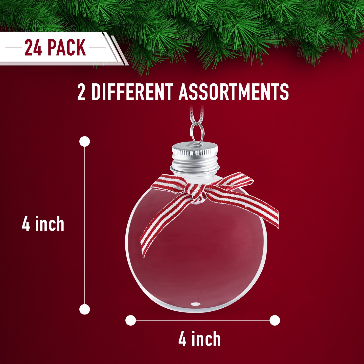 RN&#x27;D Toys Clear Fillable Ornaments - Shatterproof Transparent Plastic Craft Ornament Balls Decorations with Red and White Ribbon for DIY Christmas Ball Sphere Ornament Set - Pack of 24