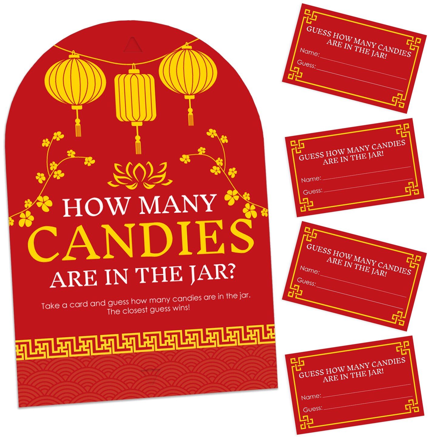 Big Dot of Happiness Lunar New Year Game - How Many Candies - 1 Stand and 40 Cards - Candy Guessing Game