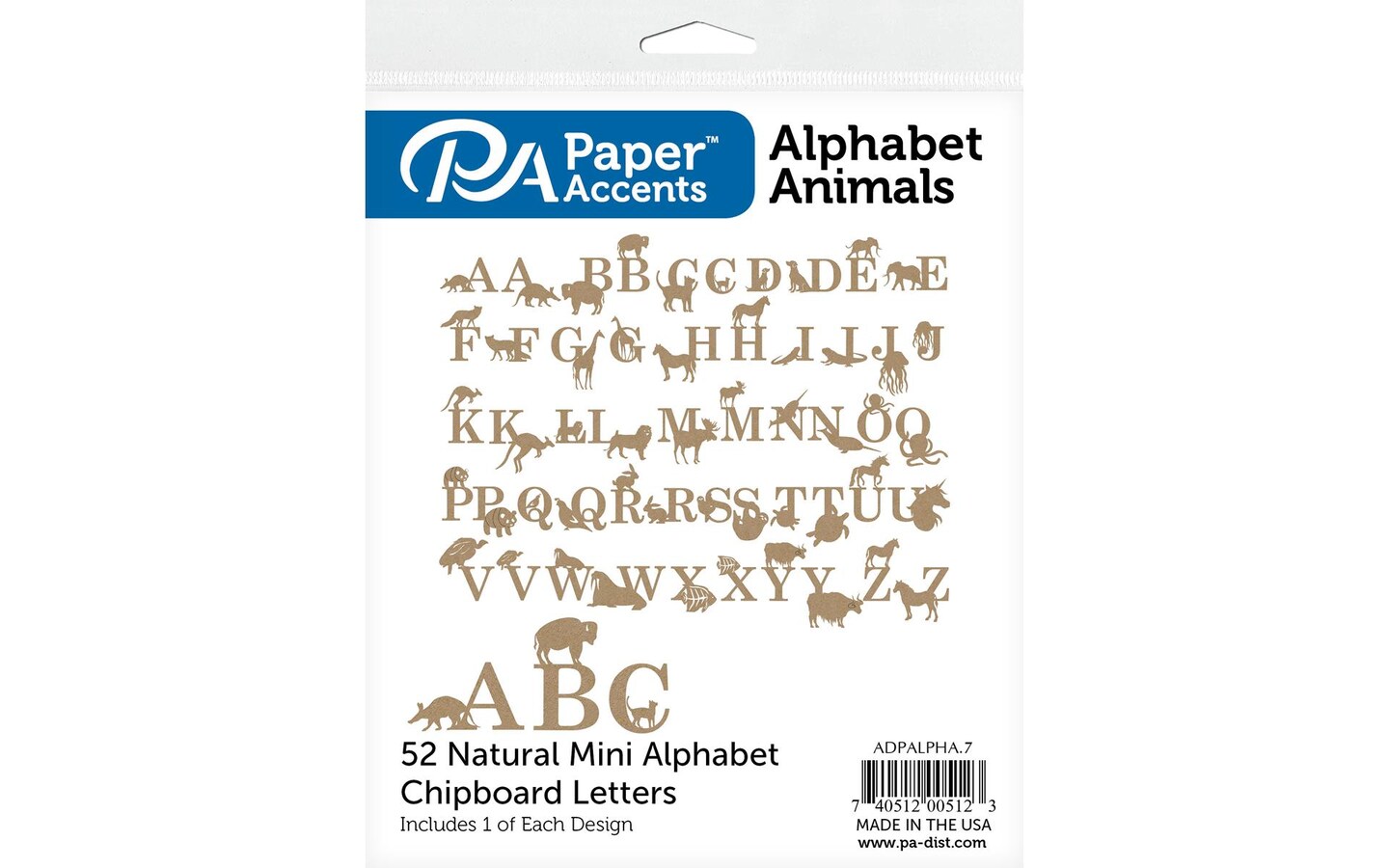 Chipboard Alphabet Animal Shapes 52pc Natural