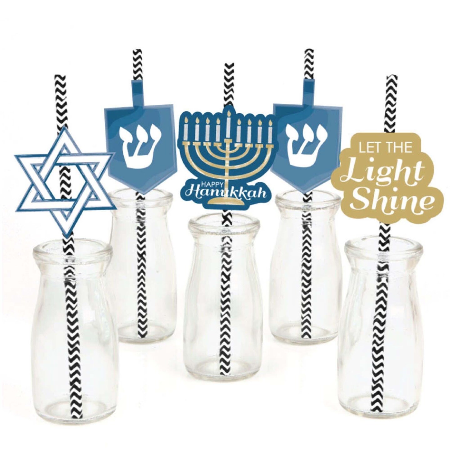 Big Dot of Happiness Happy Hanukkah Paper Straw Decor - Hanukkah Party Striped Decorative Straws - Set of 24