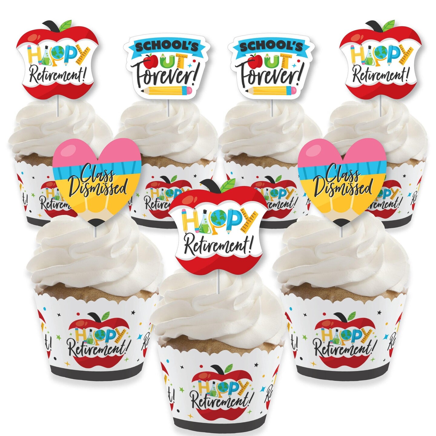 Big Dot of Happiness Teacher Retirement - Cupcake Decoration - Happy Retirement Party Cupcake Wrappers and Treat Picks Kit - Set of 24