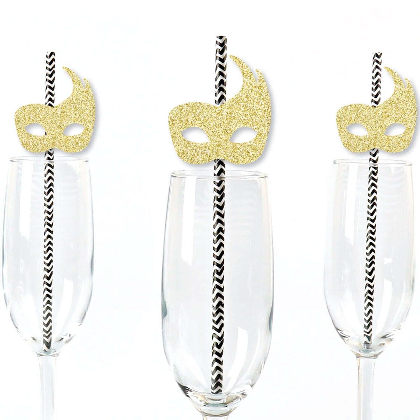 Big Dot of Happiness Gold Glitter Masks Party Straws - No-Mess Real Glitter Cut-Outs & Decorative Masquerade Mardi Gras Party Paper Straws - Set of 24