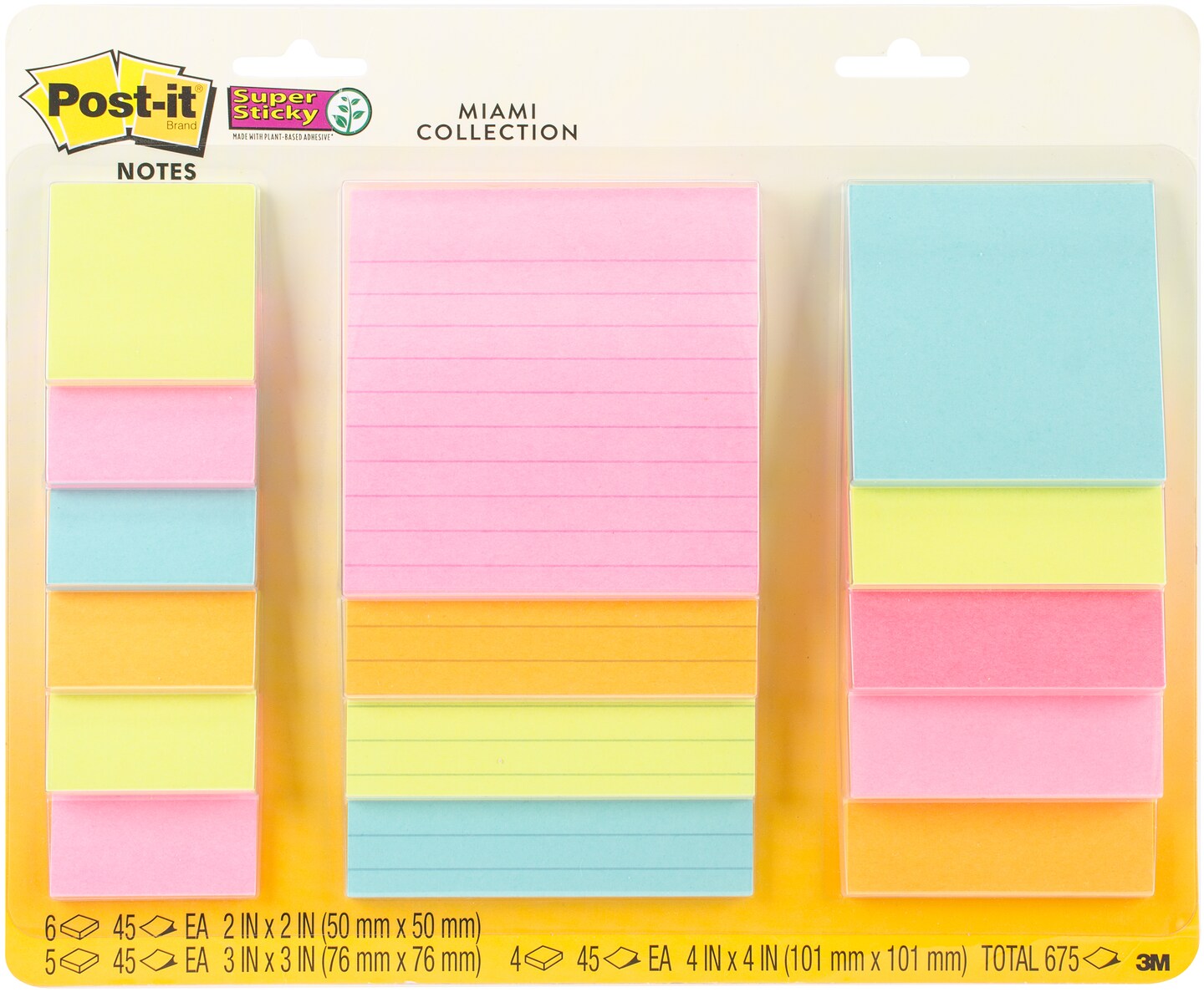 Post-It Super Sticky Notes Assorted Sizes 15/Pkg-Miami 2&#x22;X2&#x22;, 3&#x22;X3&#x22;, 4&#x22;X4&#x22;