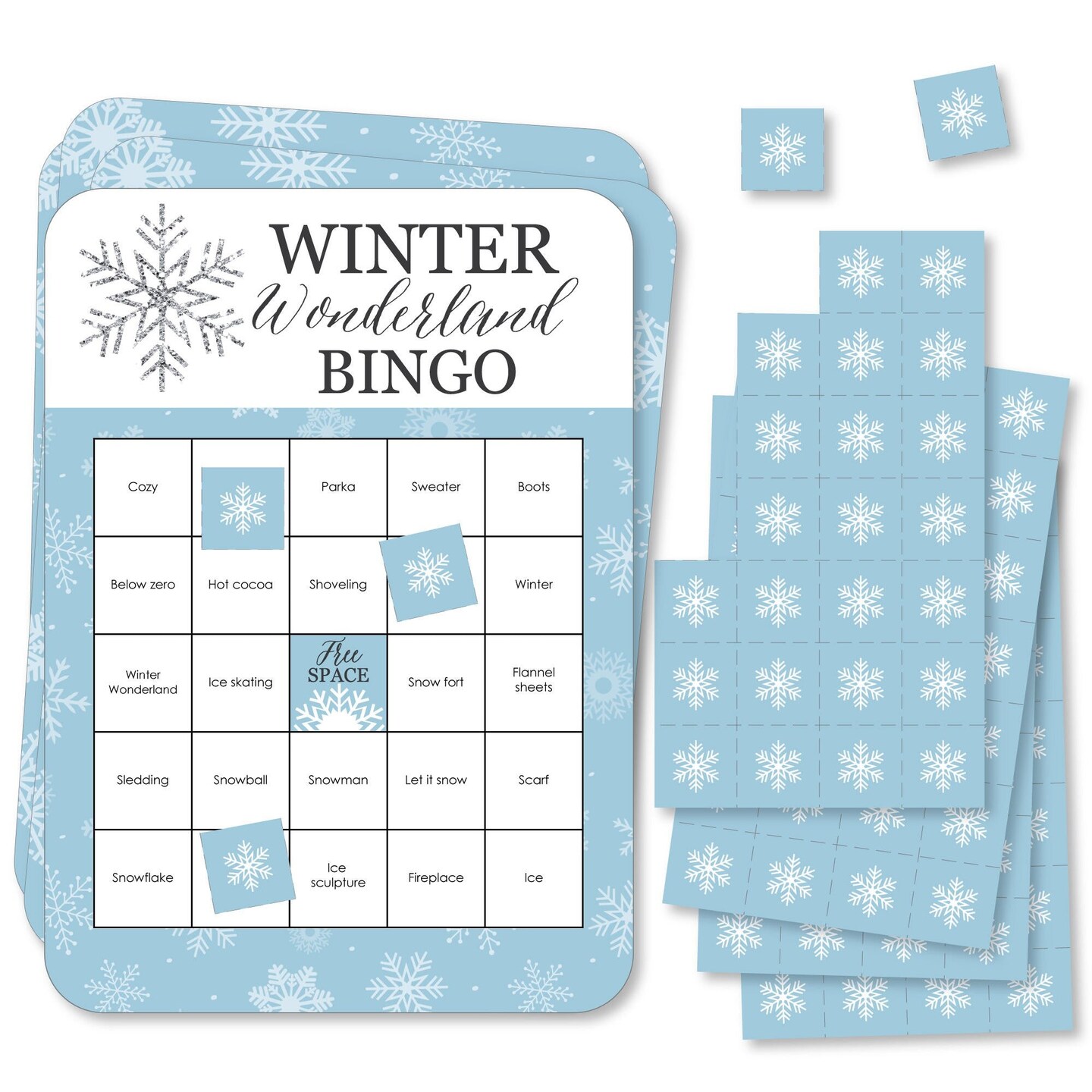 Big Dot of Happiness Winter Wonderland - Bingo Cards and Markers - Snowflake Holiday Party and Winter Wedding Bingo Game - Set of 18