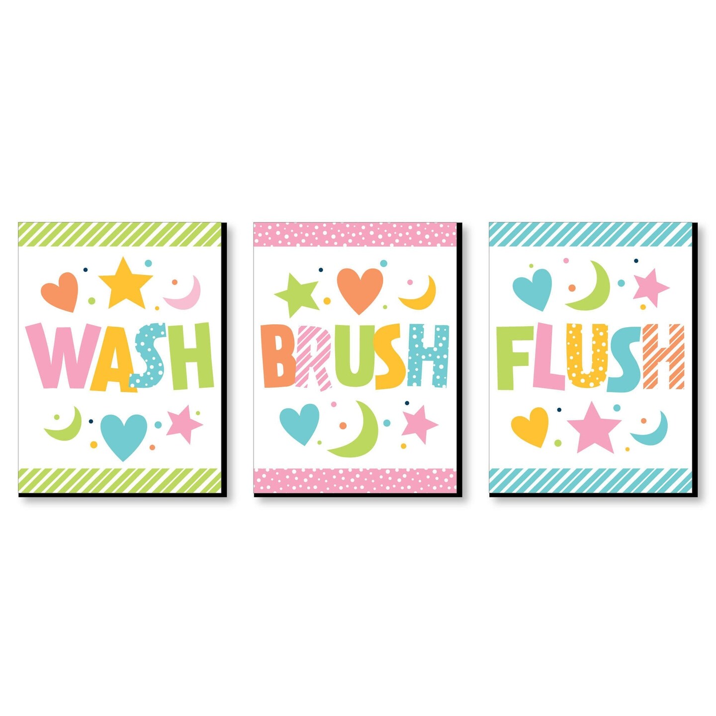 Big Dot of Happiness Colorful Children's Decor - Kids Bathroom Rules Wall Art - 7.5 x 10 inches - Set of 3 Signs - Wash, Brush, Flush