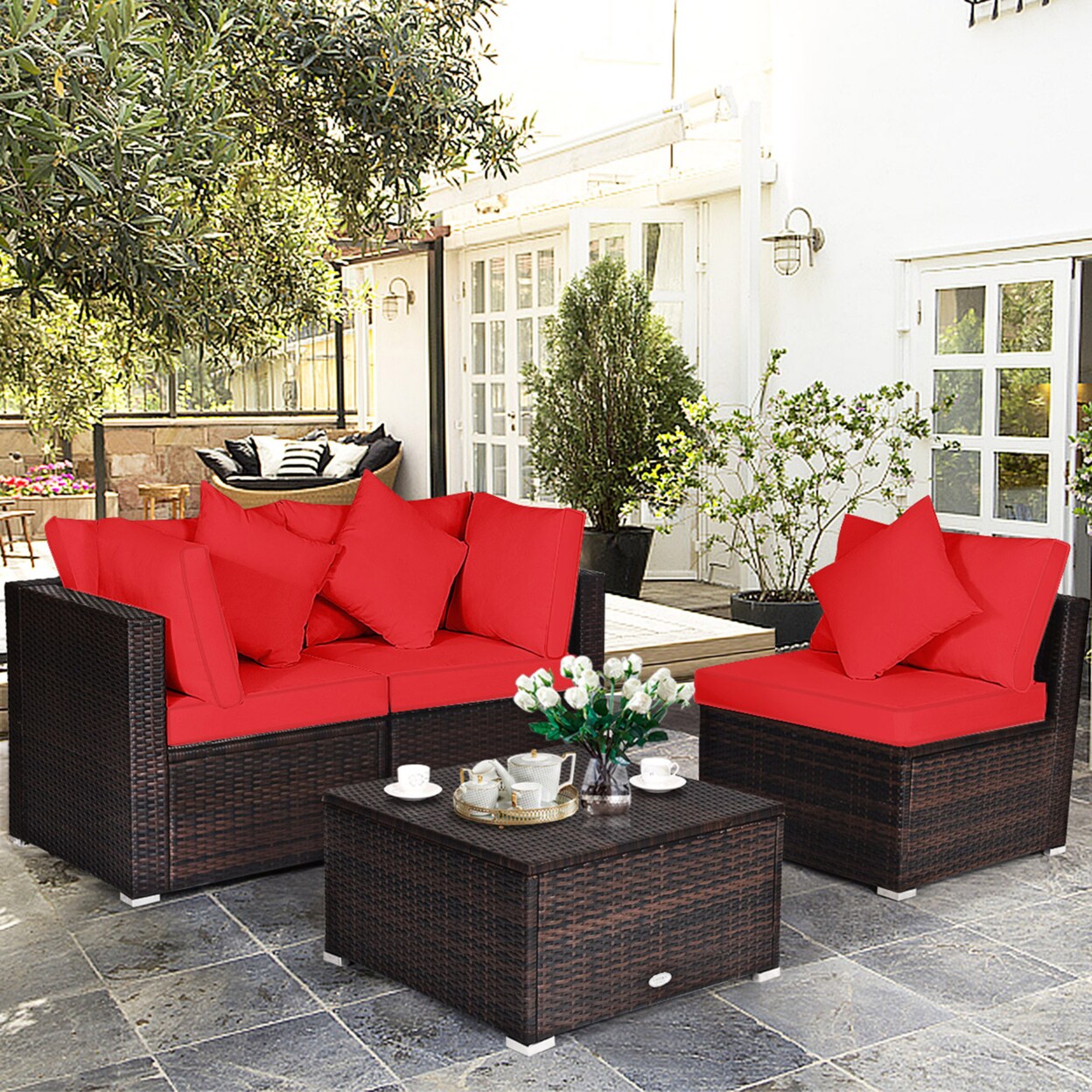 4Pcs Rattan Patio Conversation Furniture Set Yard Outdoor W/ Red Cushion