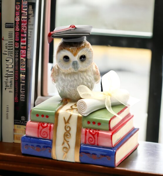 Ceramic Graduating Owl Music Box Playing &#x22;Over the Rainbow&#x22;, Home D&#xE9;cor, Graduation Gift, Gift for Son, Gift for Daughter