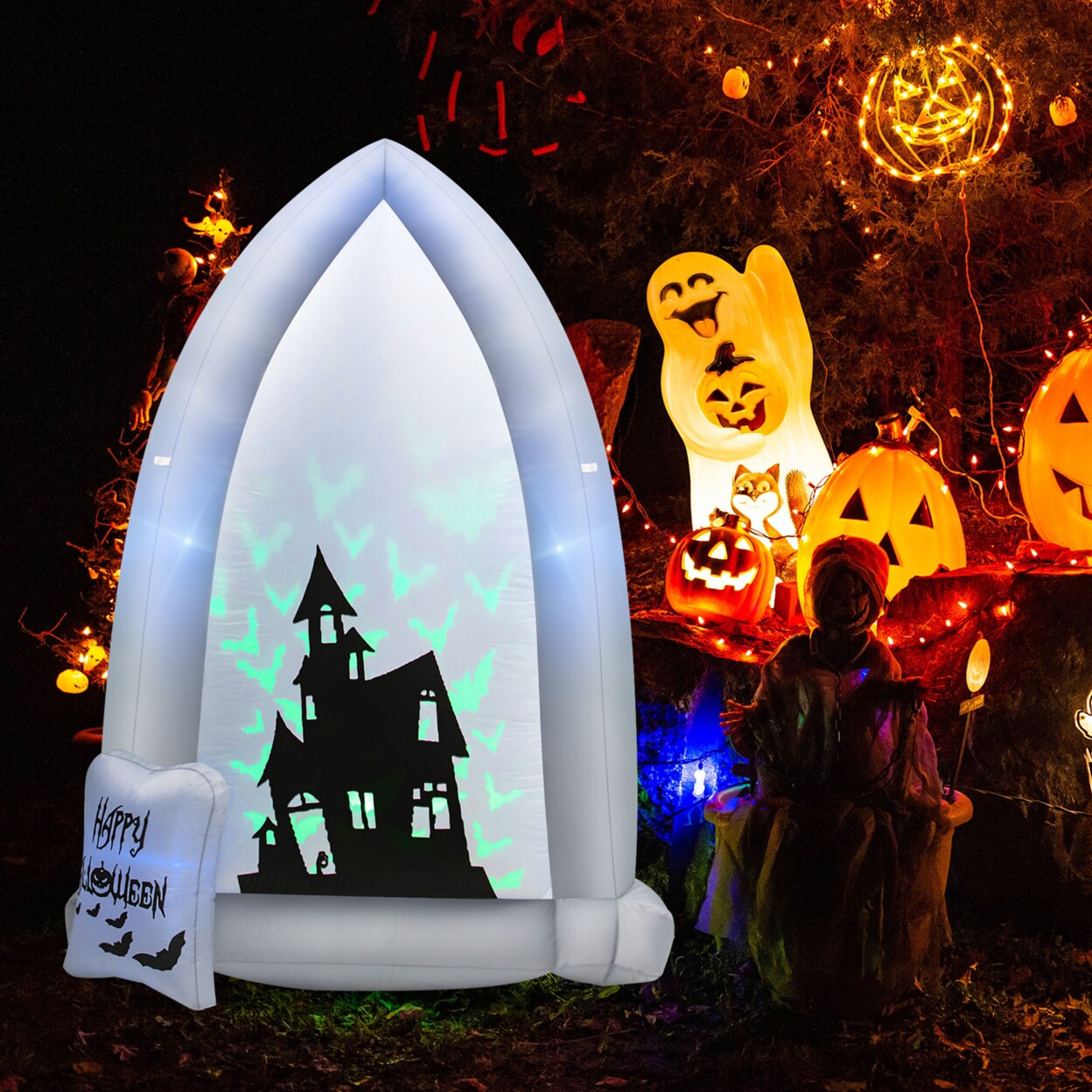 Gymax 7 Halloween Outdoor Inflatable Headstone Blow up w/ Built-in Bat Lamp