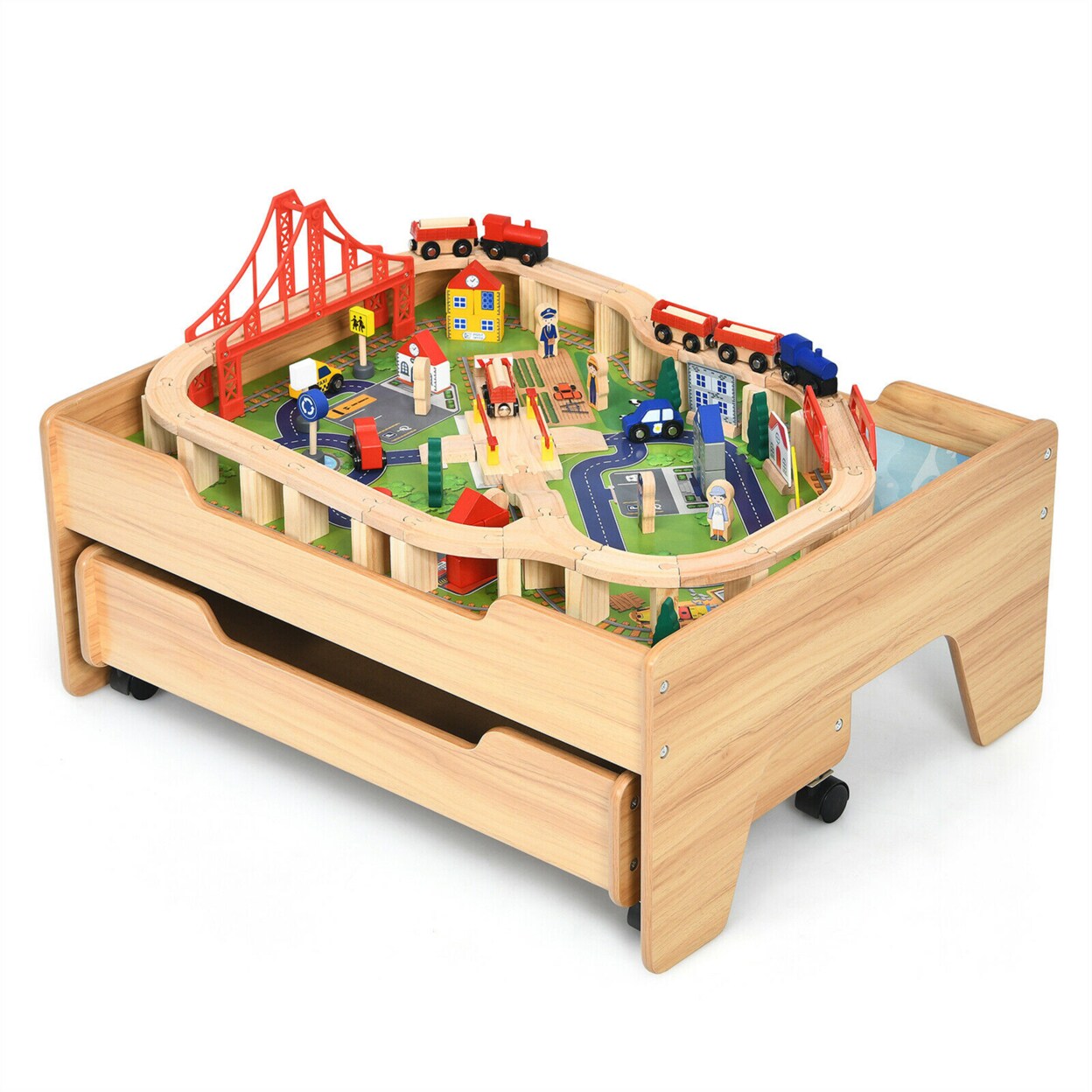Wooden Kids Train Track Railway Set Table W/100 Pieces Storage Drawer