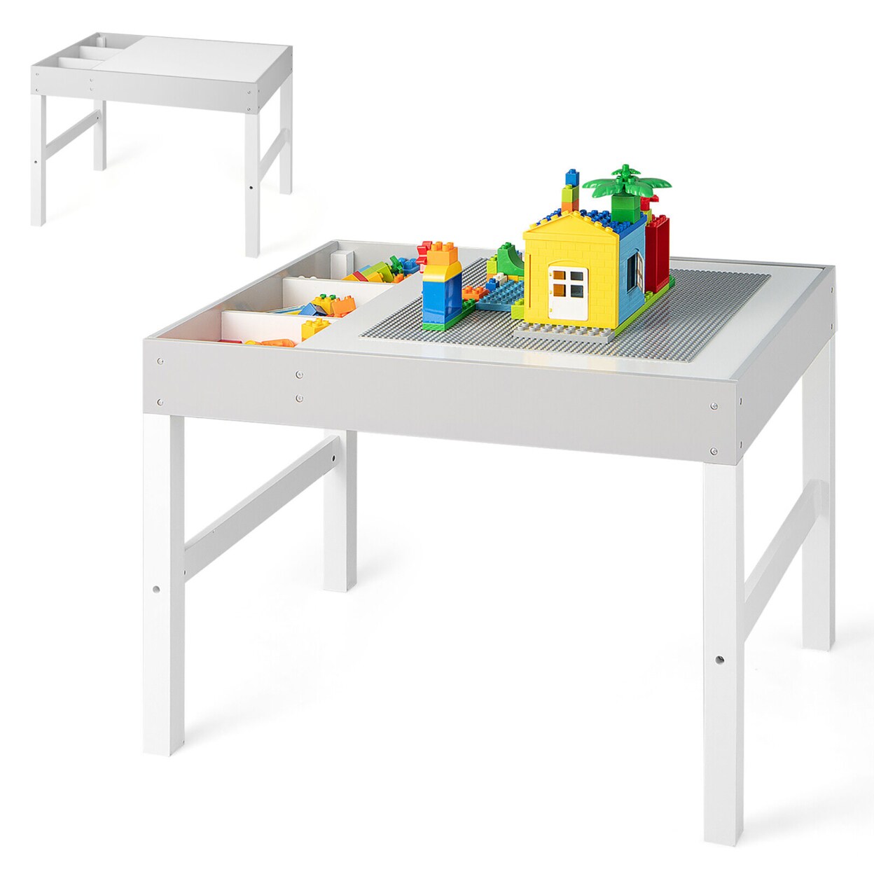 Gymax Kids Multi Activity Play Table 3 in 1 Wooden Building Block Desk w/ Storage Gift