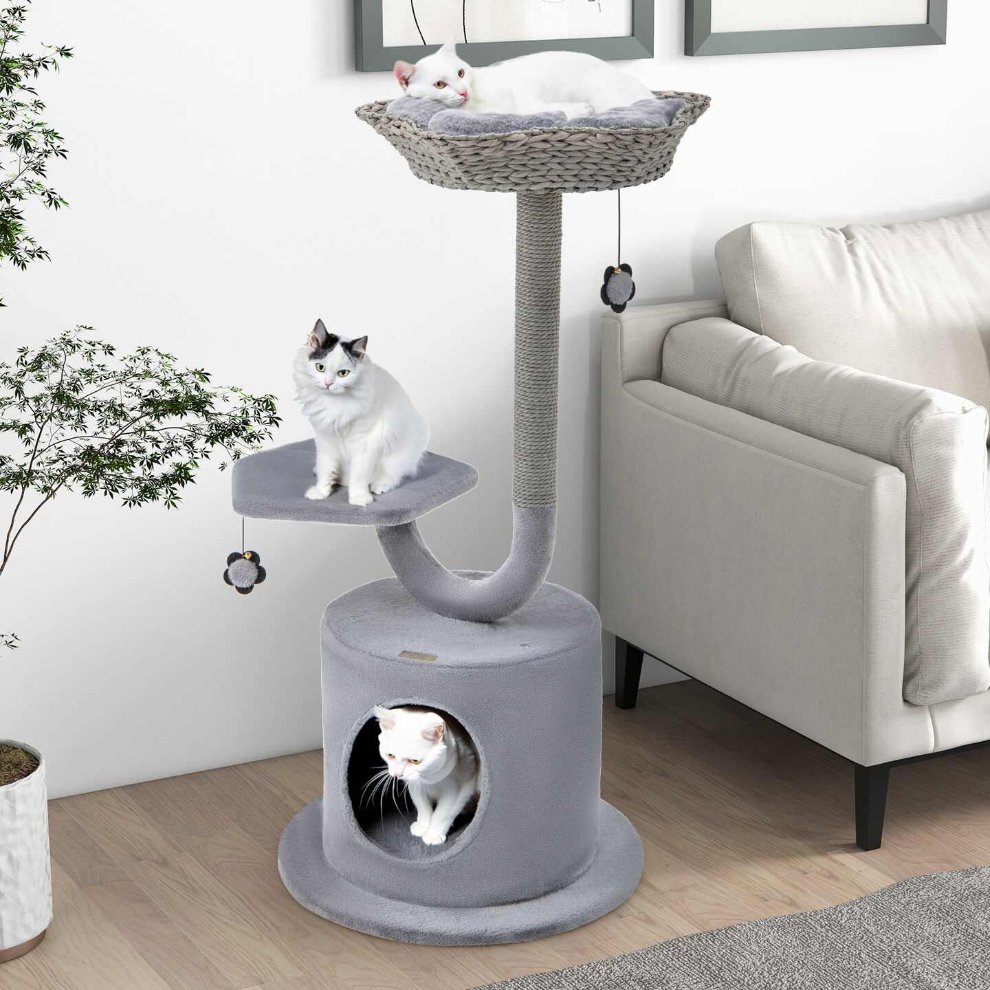 42&#x22; Tall Cat Tower With Curved Metal Supporting Frame For Large &#x26; Small Cats-gray