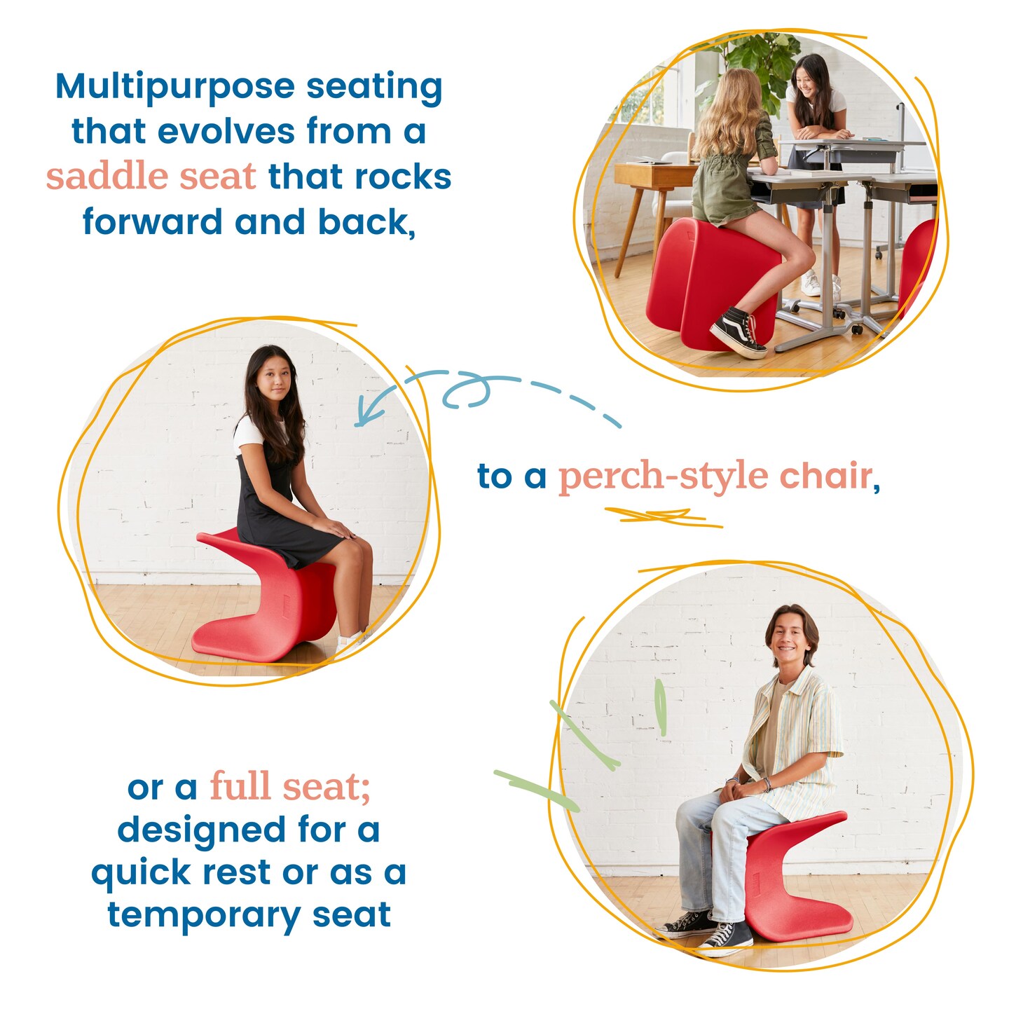 Wave Seat, 18in - 19.6in Seat Height, Perch Stool, 2-Pack