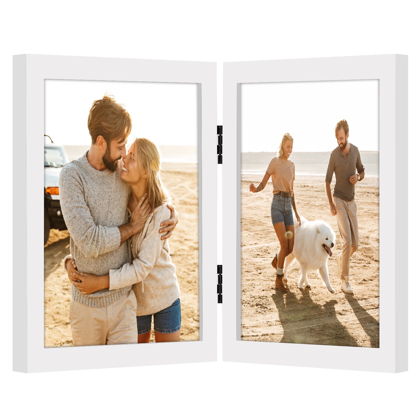 Americanflat Tri-Folding Picture Frame - Displays Two Photos at Once - Double Hinged Picture Frame - Shatter Resistant Glass - Tabletop Display Picture Frame - Black