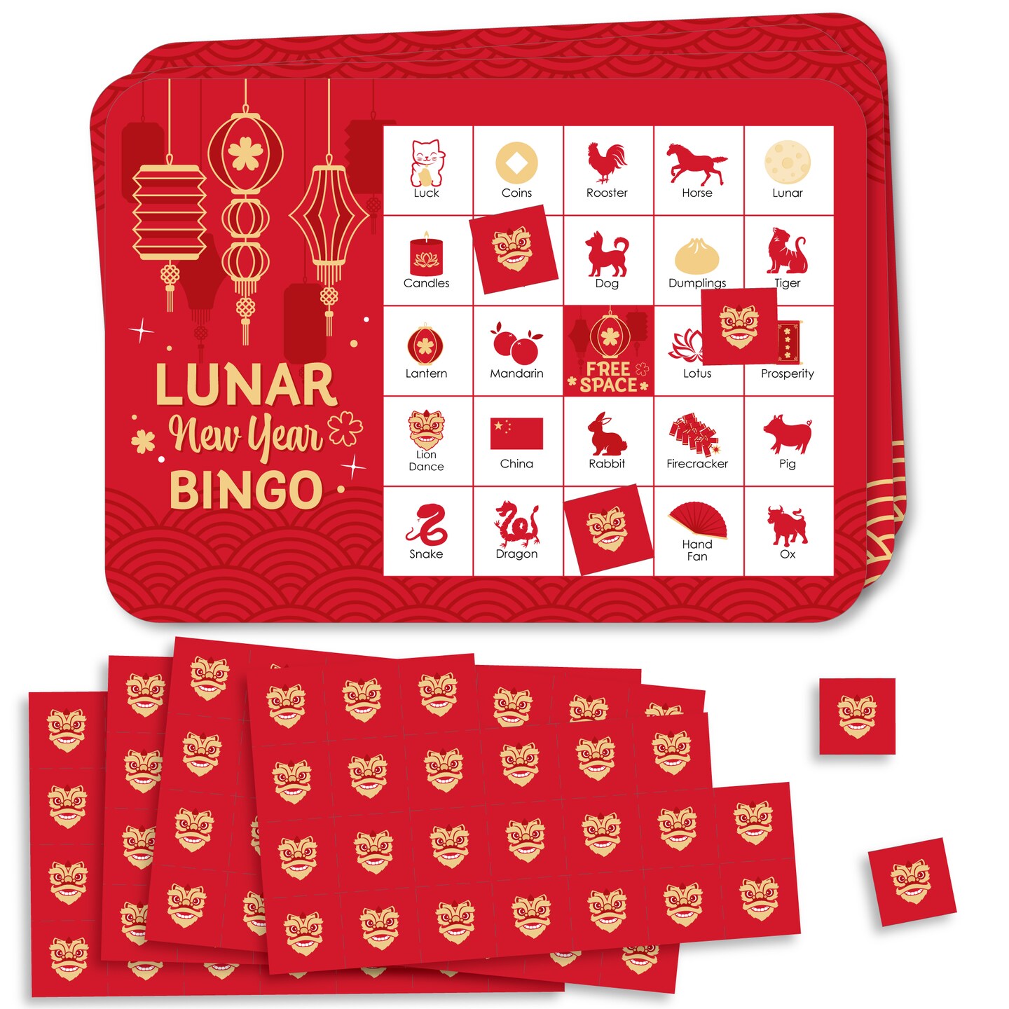Big Dot of Happiness Lunar New Year - Picture Bingo Cards and Markers - Bingo Game - Set of 18