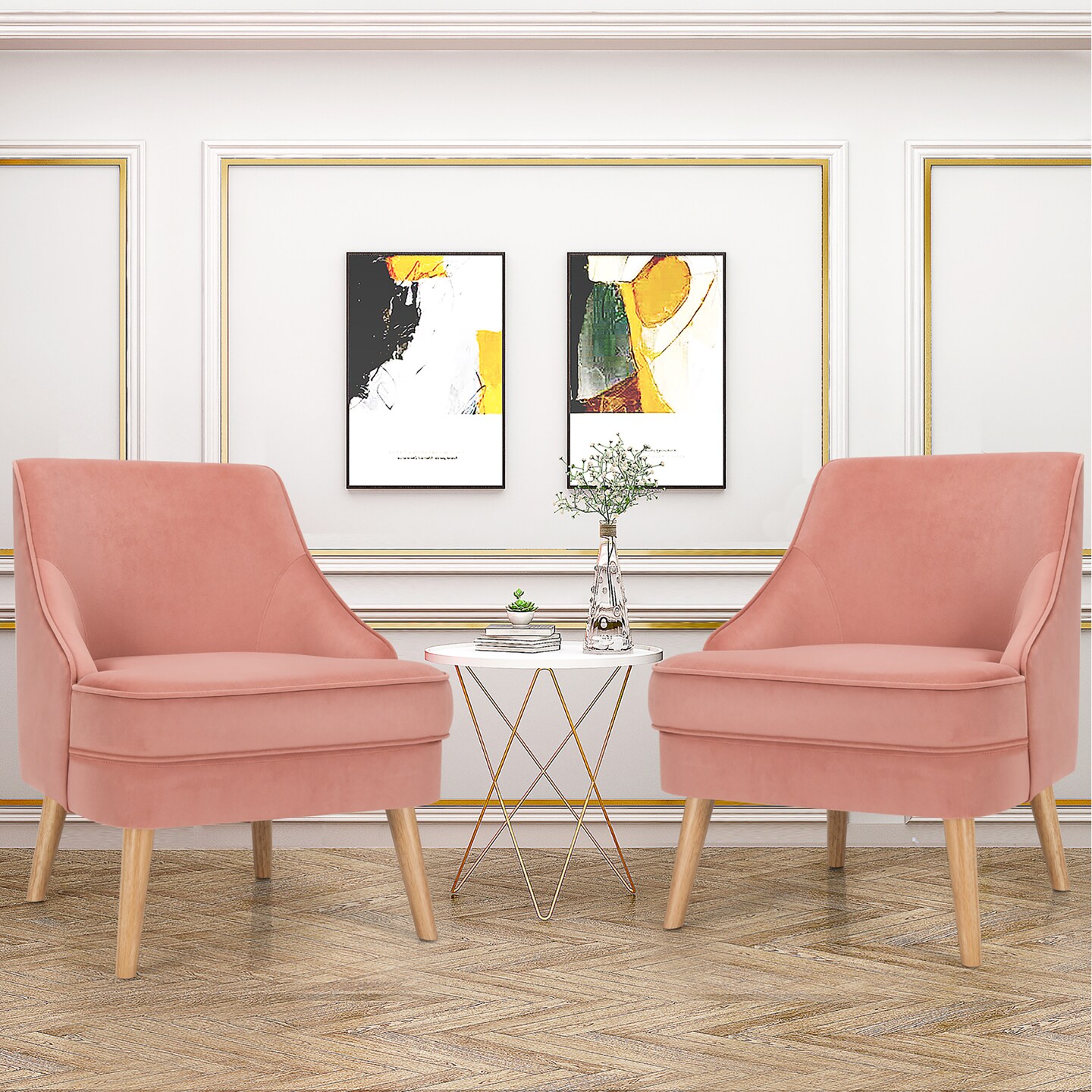 Costway Set of 2 Accent Chairs Velvet Single Sofa Chair w/Rubber Wood Legs Pink\Green\Grey