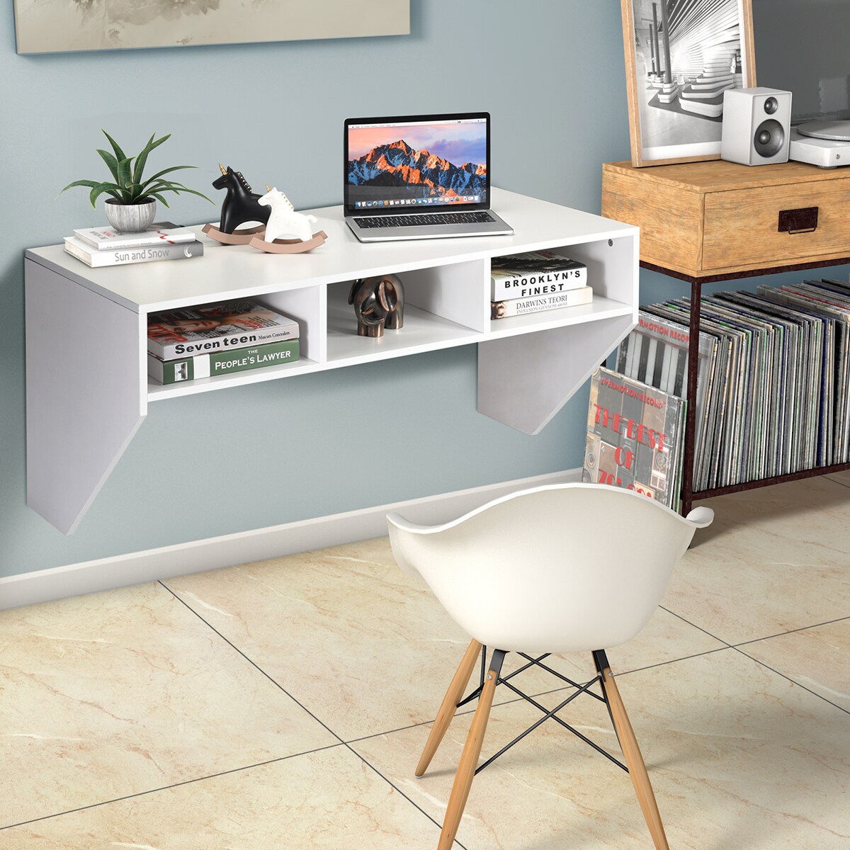 Costway Wall Mounted Floating Computer Table Desk Home Office Furni Storage Shelf White