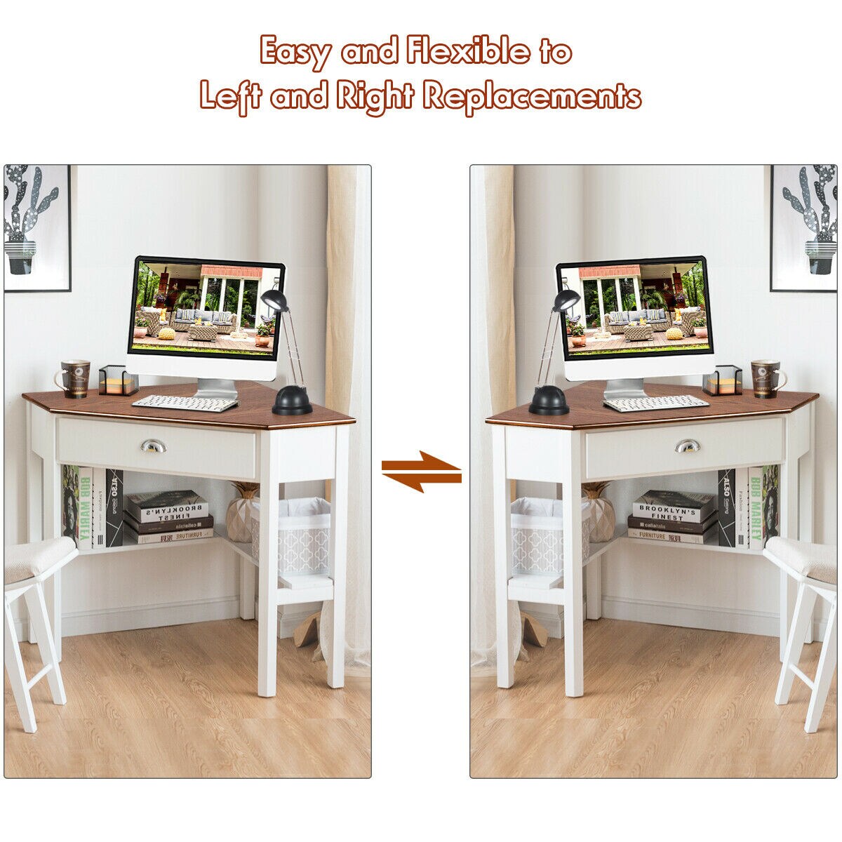 Costway Triangle Computer Desk Corner Office Desk Laptop Table with Drawer Shelves Rustic Brown&#x26;Black/White/Black/Coffee/Grey/Natural&#x26;White