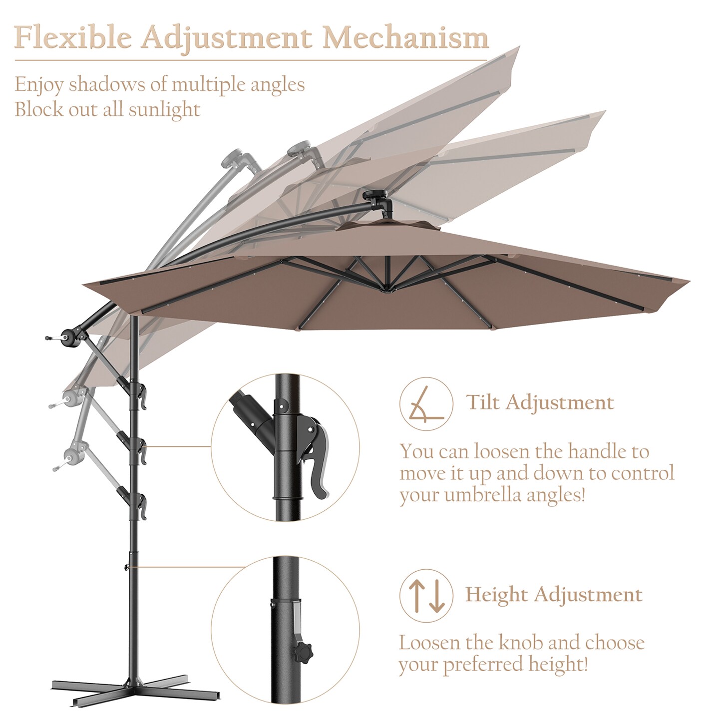 Costway 10&#x27; Hanging Solar LED Umbrella Patio Garden Sun Shade Offset Market W/Base Tan