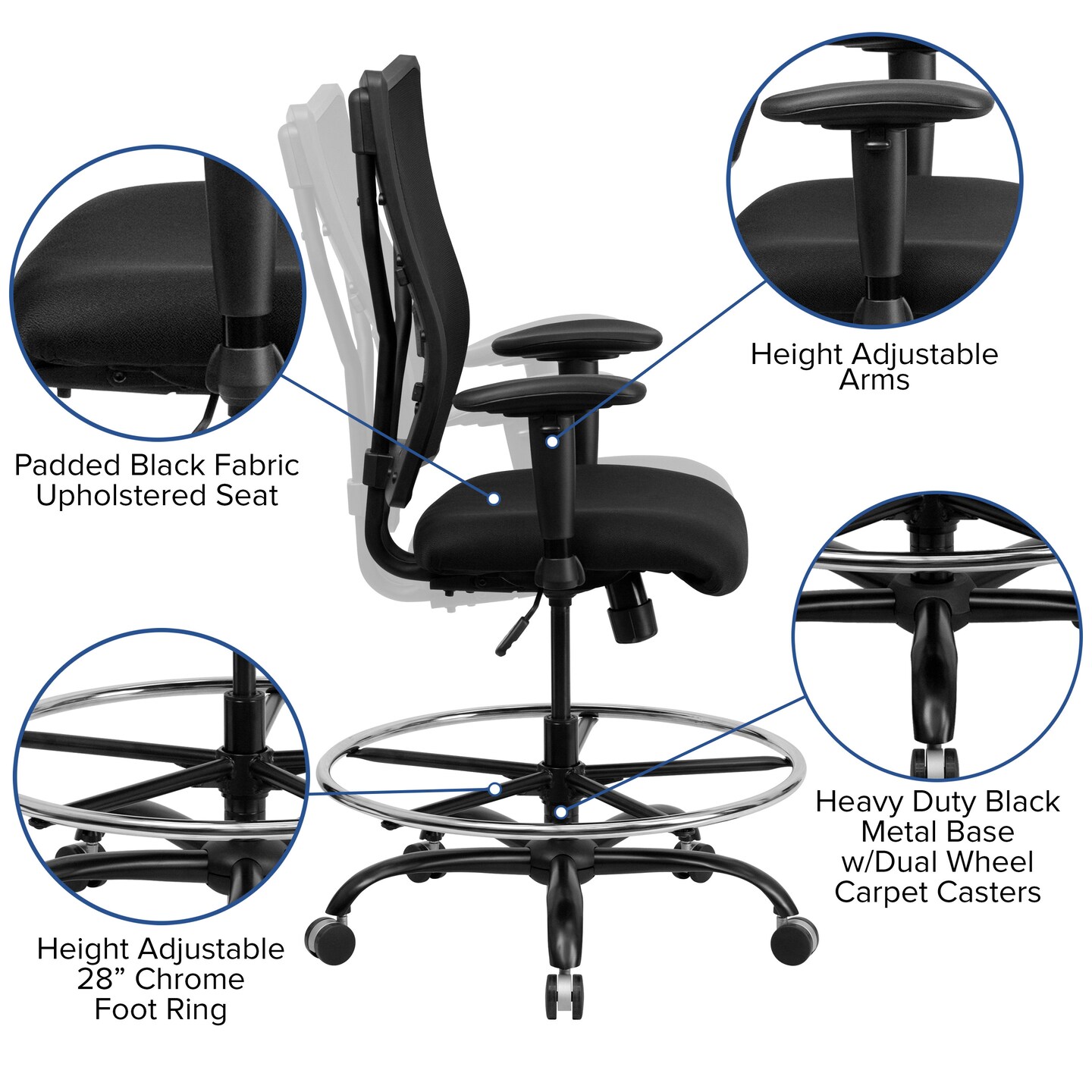 Emma and Oliver 400 lb. Capacity Big &#x26; Tall Mesh Ergonomic Drafting Chair with Height Adjustable Arms