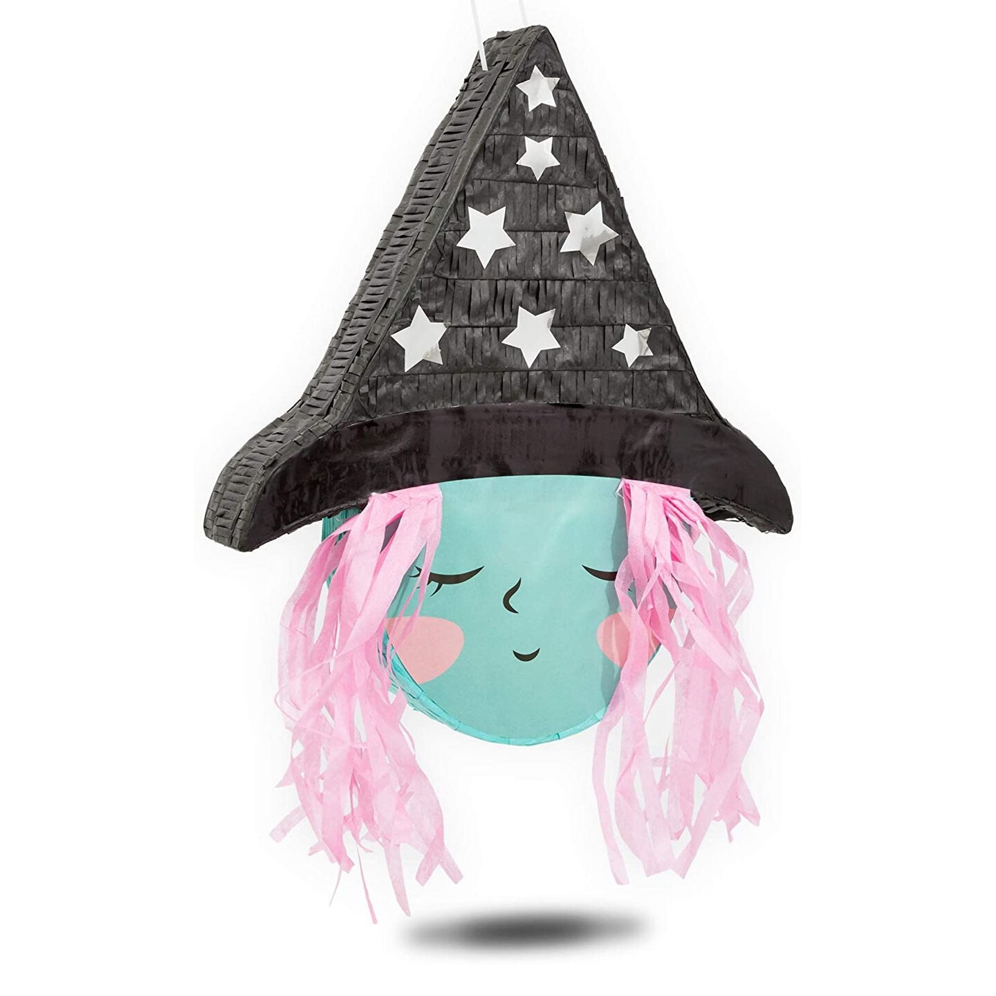 Cute Witch Pinata for Halloween Party Supplies Decorations, Silver Foil Stars Hat with Pink Hair, 16 x 13 x 3 in