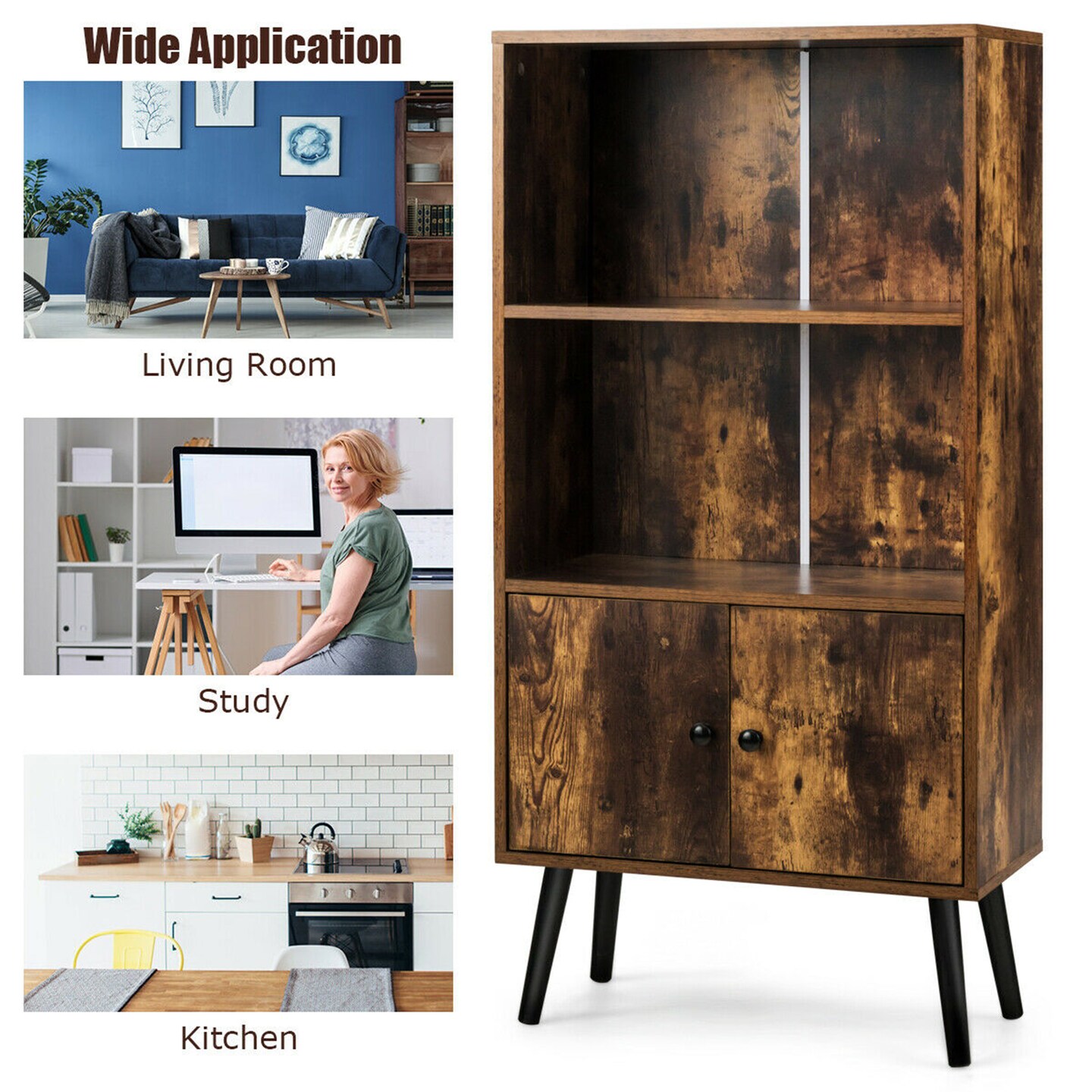 Costway 2-Tier Retro Bookcase Bookshelf w/3 Compartment&2 Doors Industrial Cabinet