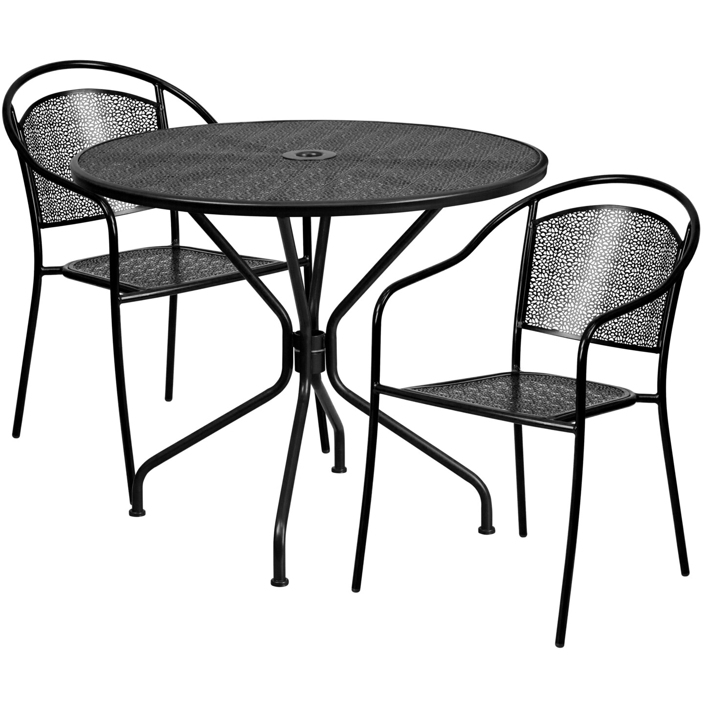 Emma and Oliver Commercial 35.25&#x22; Round Metal Garden Patio Table Set w/ 2 Round Back Chairs