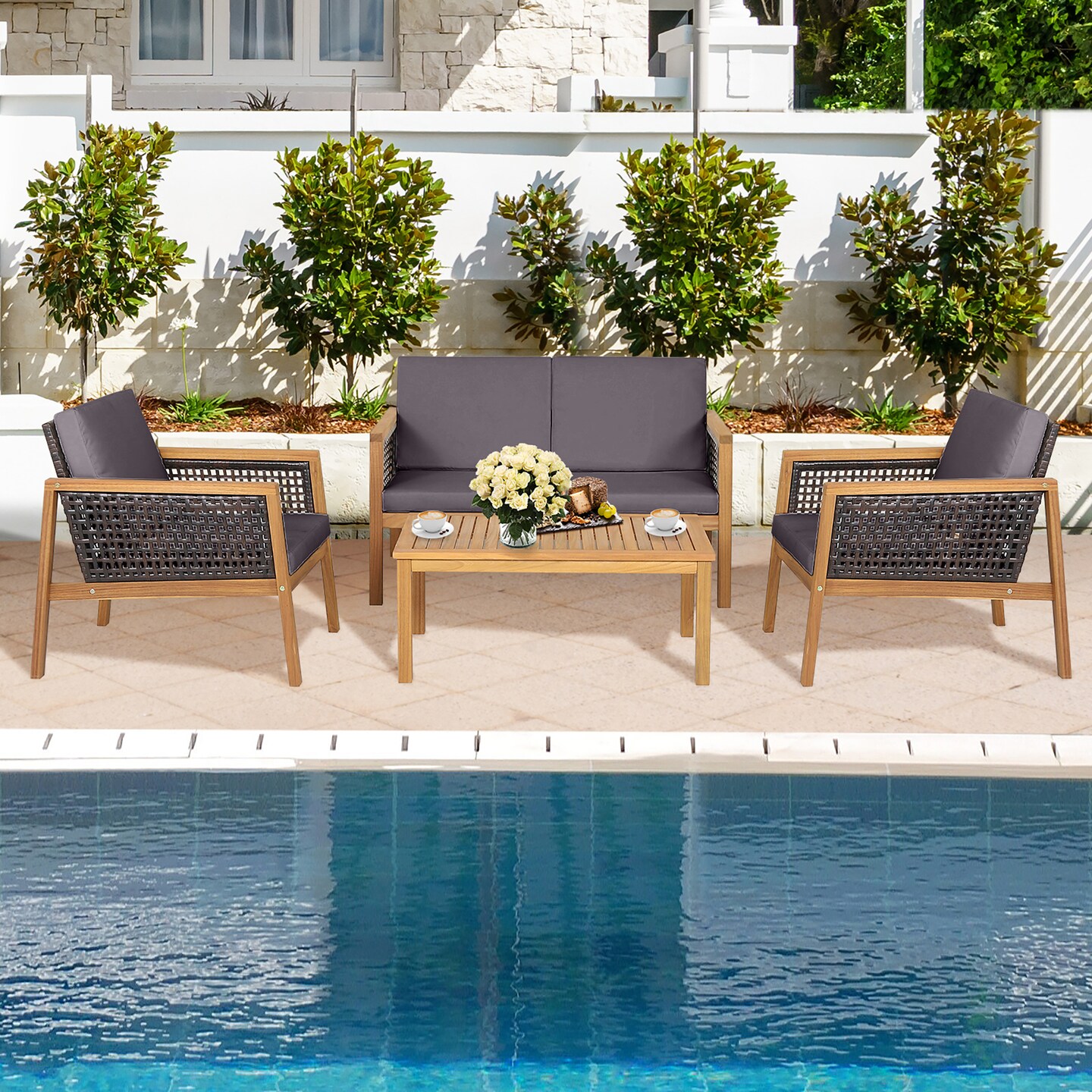 Costway 4PCS Patio Rattan Furniture Set Acacia Wood Cushioned Sofa Gray