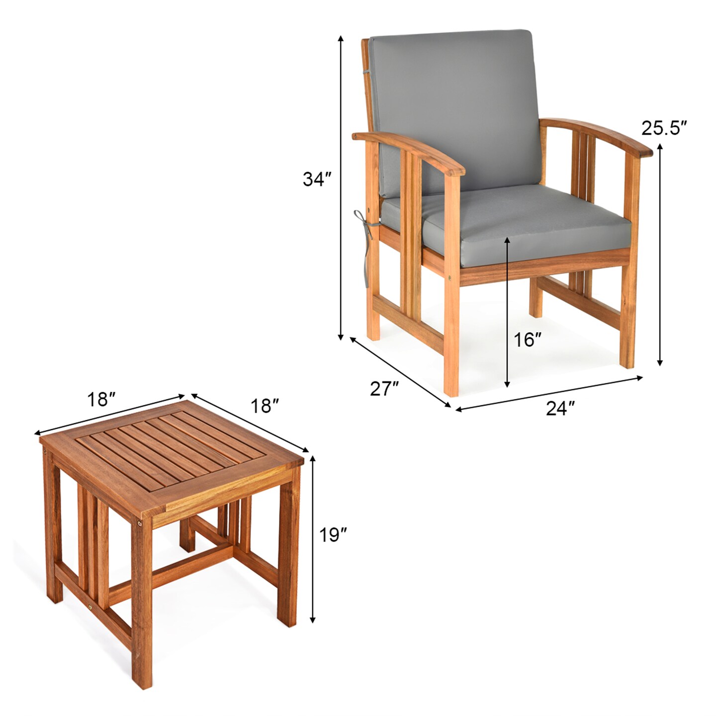 Costway 3PCS  Solid Wood  Patio  Furniture Set Table&#x26;Chairs Grey Cushion
