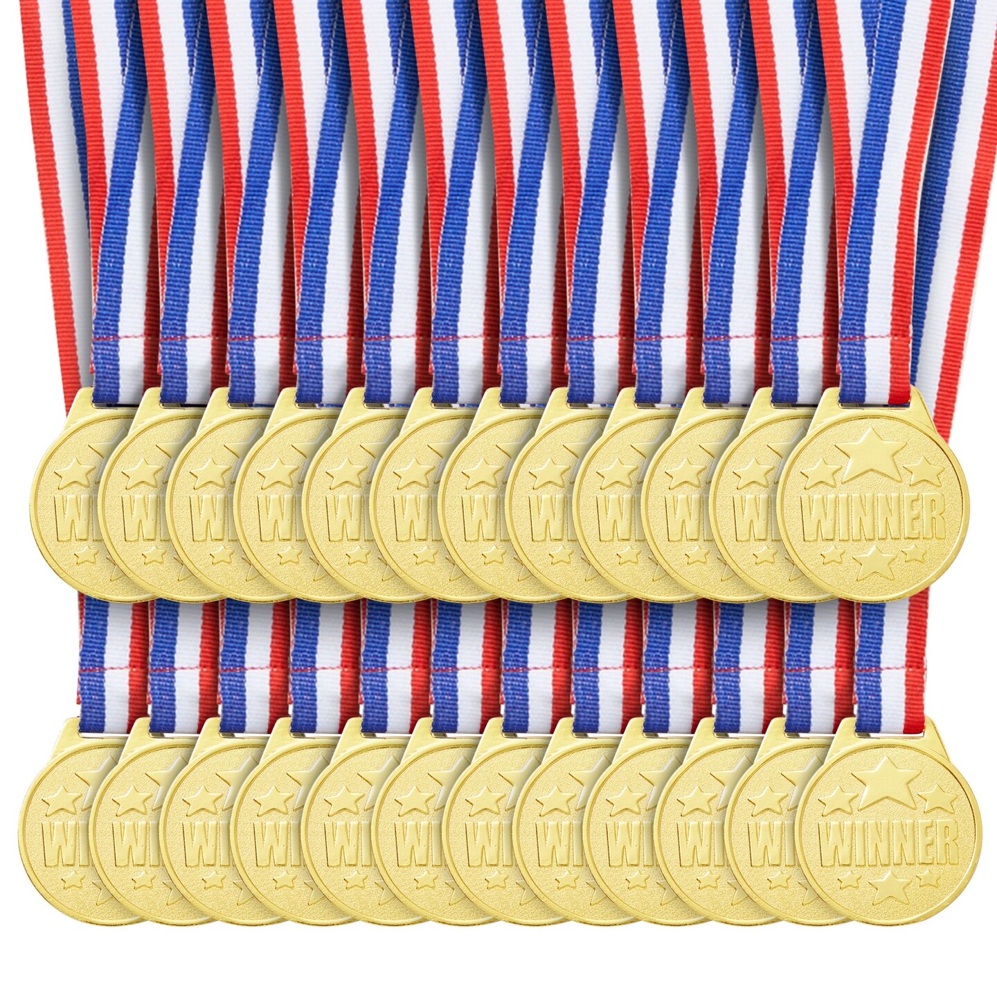 24 Pack Gold Winner Medals for Kids and Adults - Participation Awards with 15.3-Inch Red, White, and Blue Neck Ribbons for Sports, Tournaments, Competitions (Metal, 1.5 In)