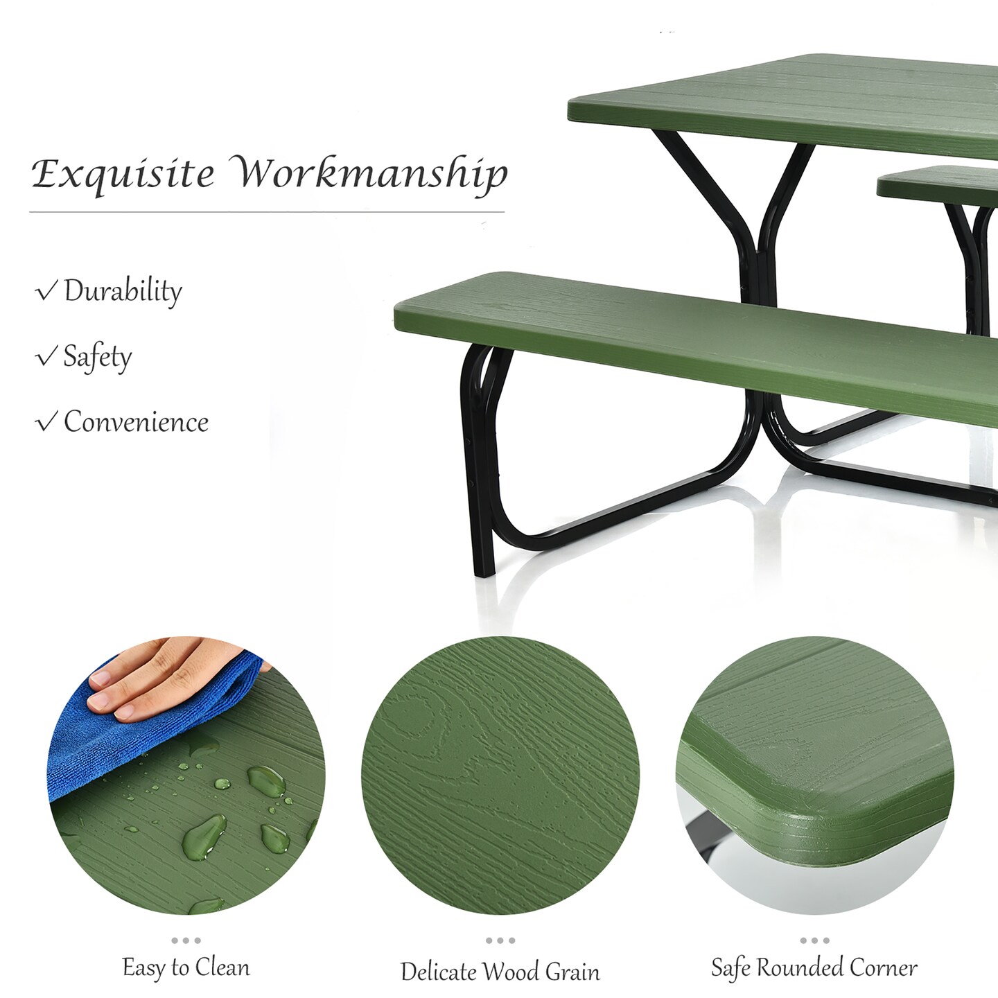 Costway Picnic Table Bench Set Outdoor Backyard Patio Garden Party Dining All Weather Black/White/Grey/Brown/Green