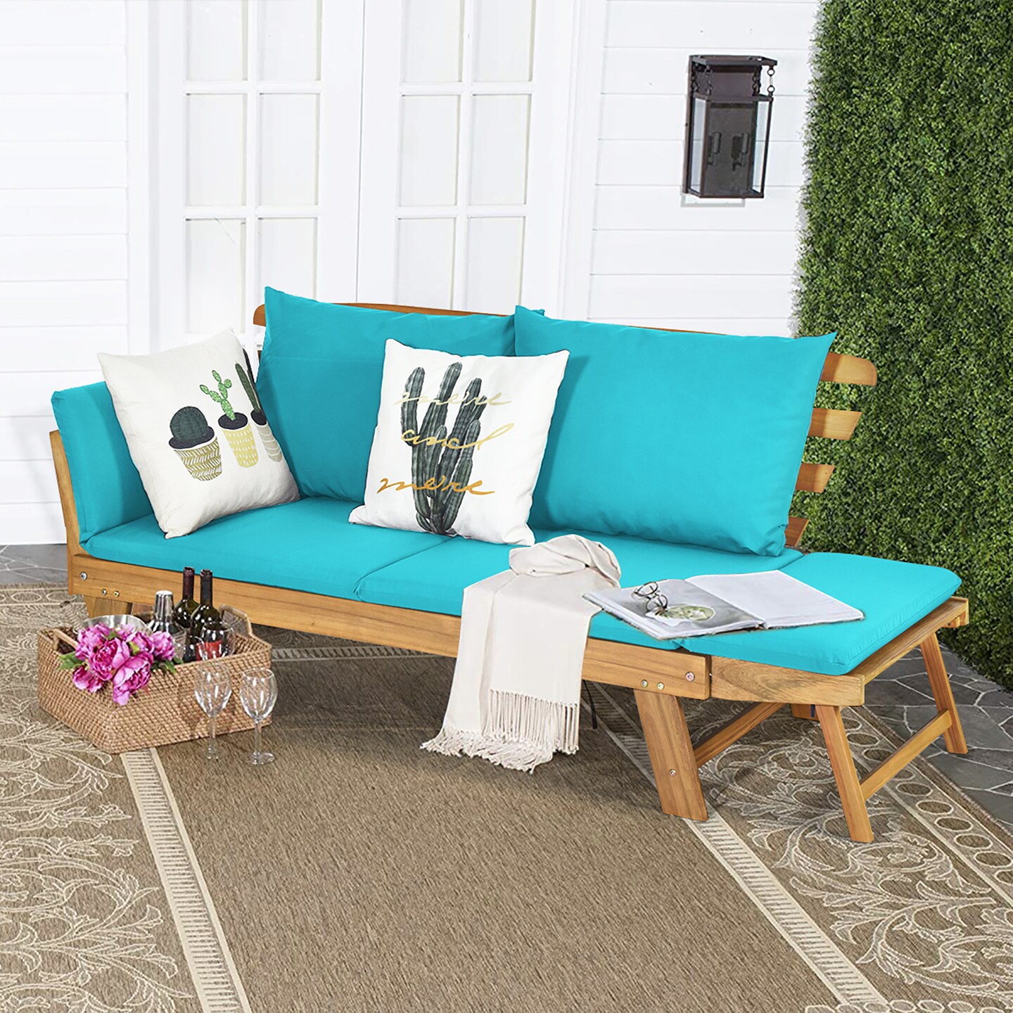 Costway Patio Convertible Sofa Daybed Solid Wood Adjustable Thick Cushion Turquoise\Red\ White