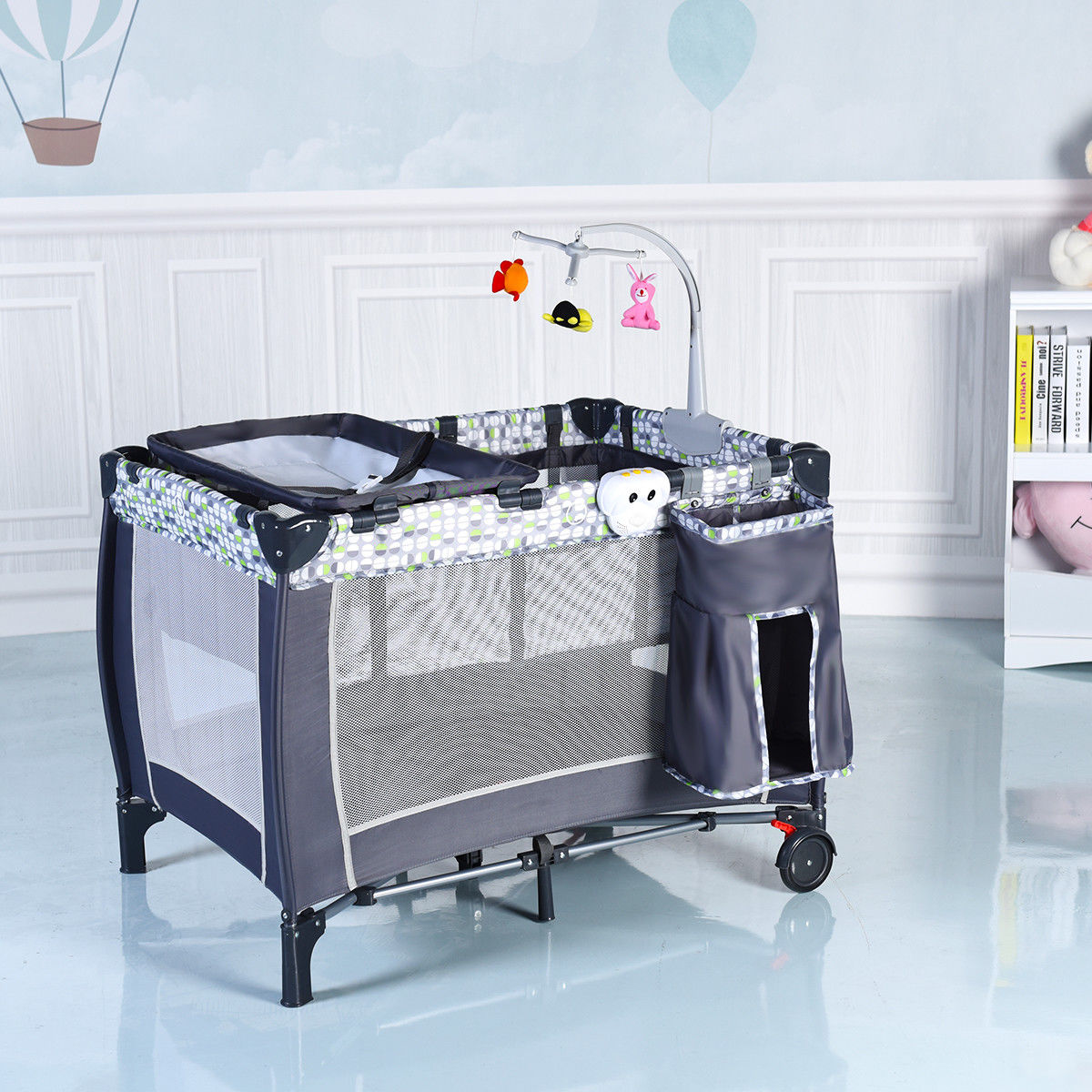 Costway Foldable Travel Baby Playpen Crib Infant Bassinet Bed Mosquito Net Music w Bag Grey Michaels