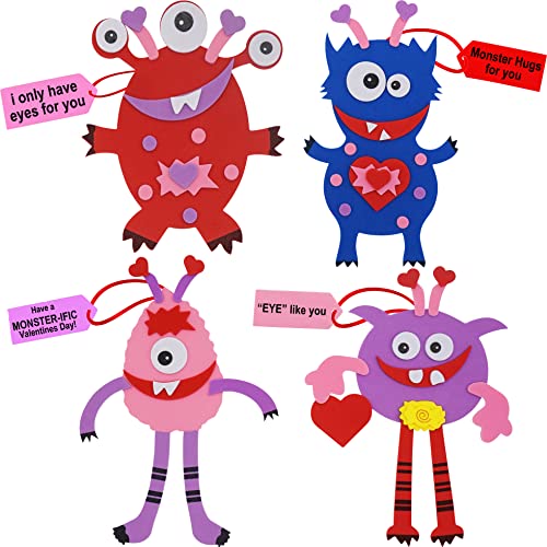 4E&#x27;s Novelty Valentines Monster Craft Ornament (12 Pack) Foam Valentines Day Crafts for Kids Classroom DIY Activity Bulk - Individually Wrapped