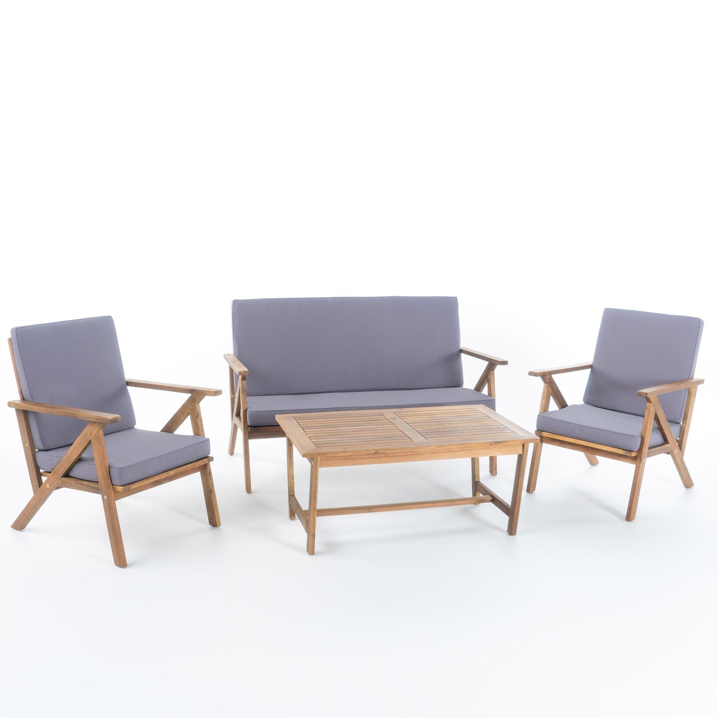 Contemporary Home Living 4-Piece Teak Brown Finish Wicker Outdoor Furniture Patio Chat Set - Gray Cushion